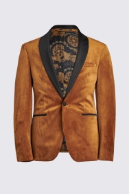 Mens Moss Orange Slim Fit Camel Velvet Jacket - Orange