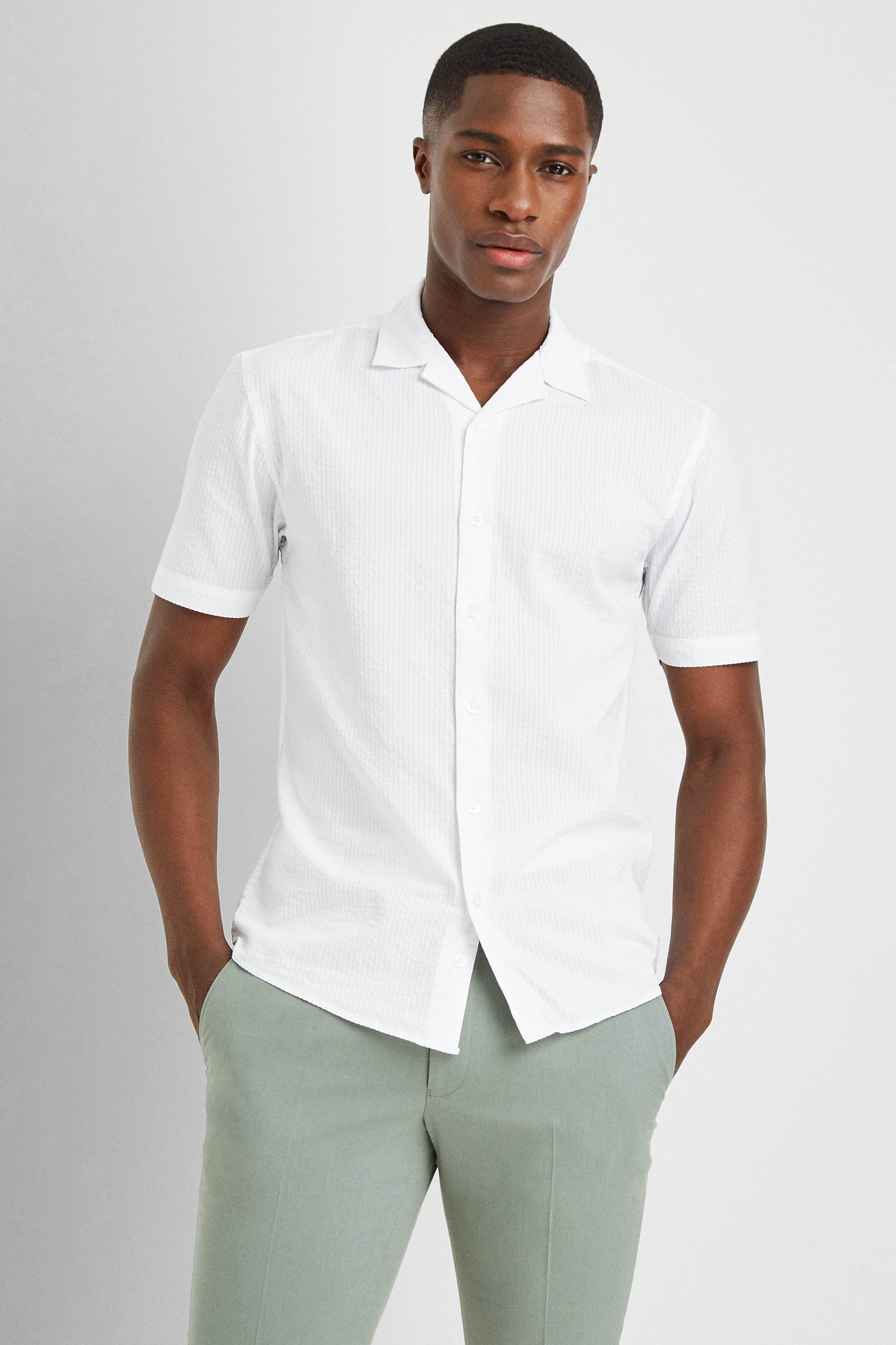 Moss London Casual White Short Sleeve Seersucker Shirt