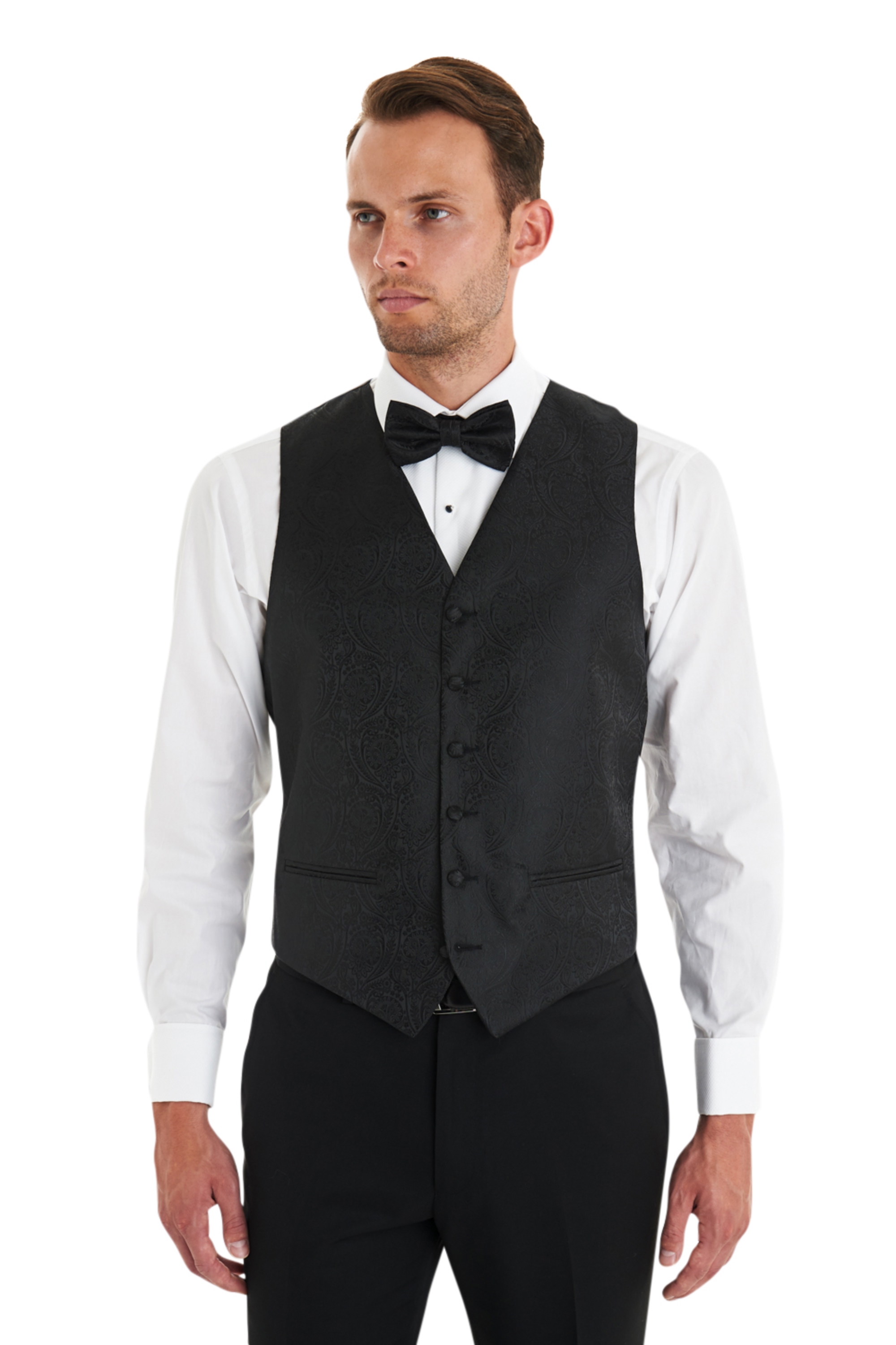 Tailored Fit Black Waistcoat & Bow Tie