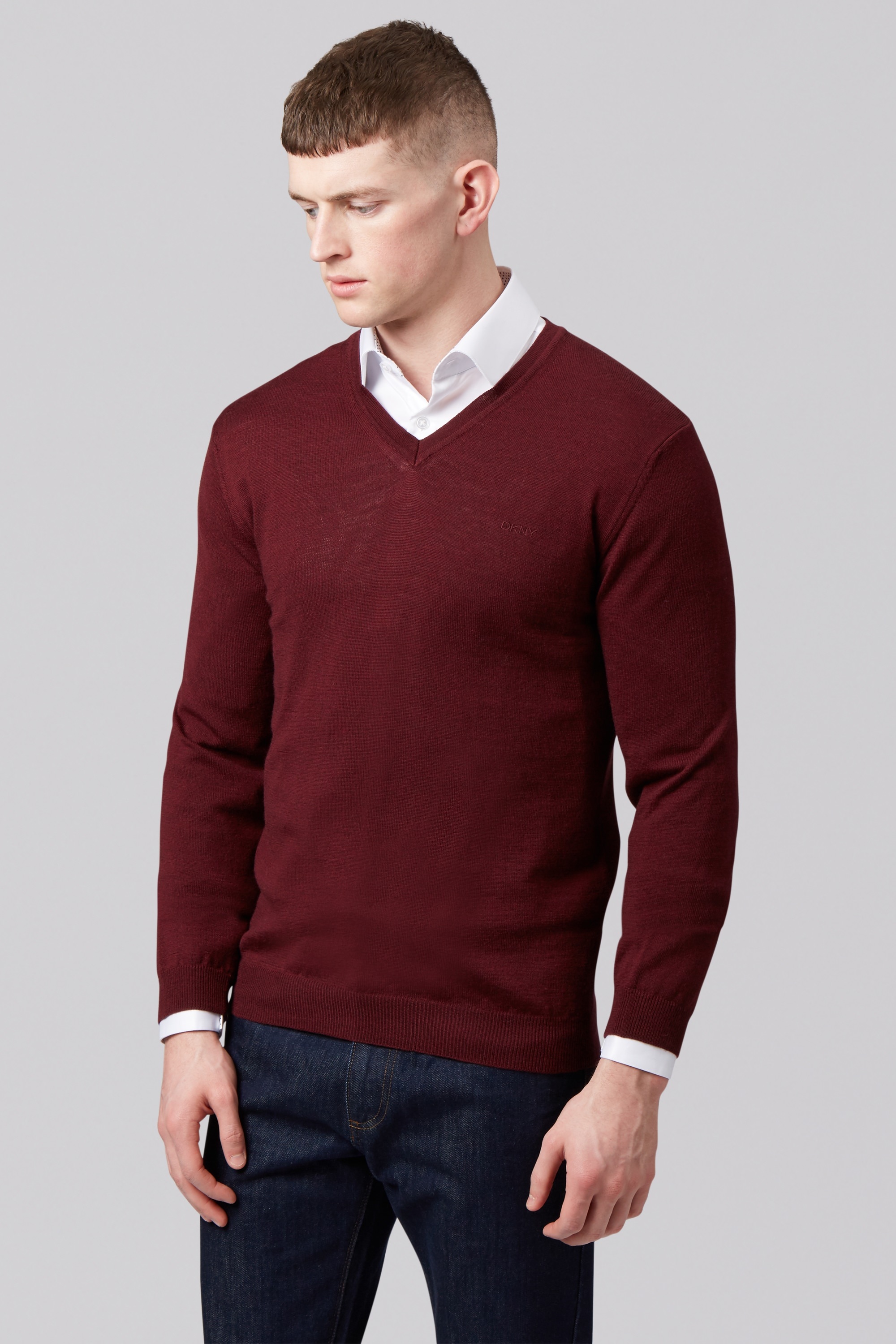 DKNY Slim Fit Wine Merino V Neck Jumper