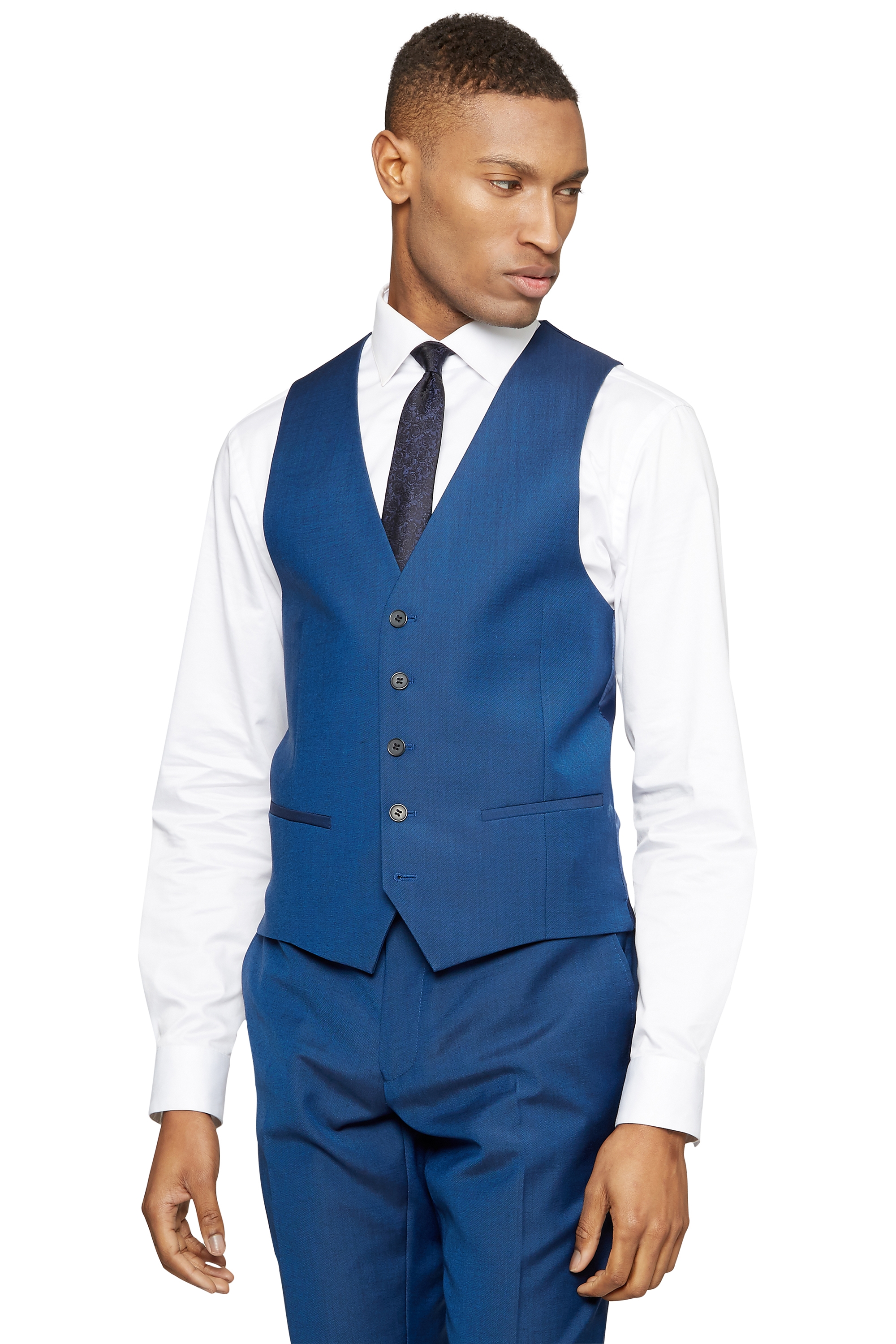 DKNY Slim Fit Electric Blue Tonic Twill Waistcoat | Buy Online at Moss