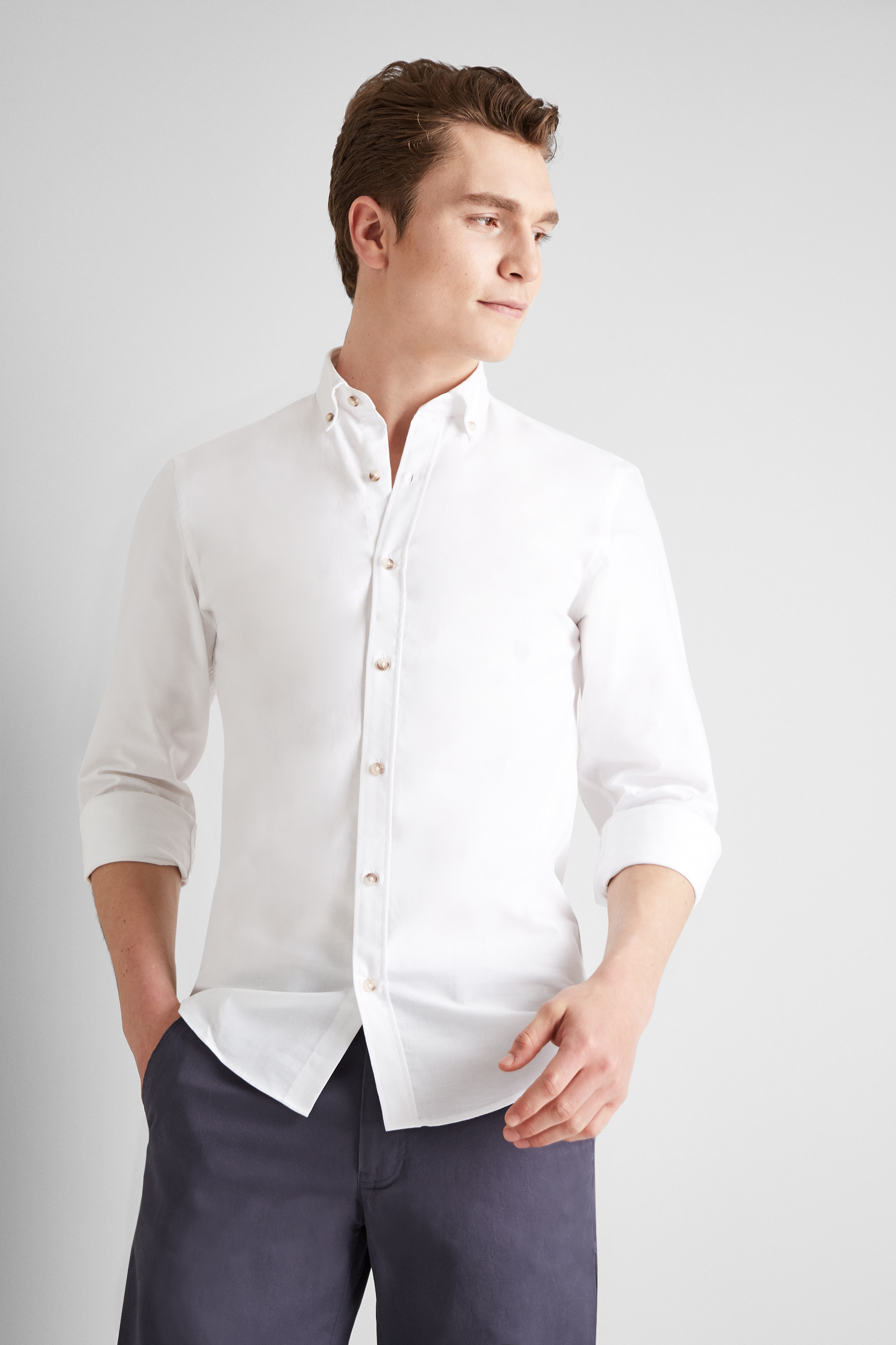 Moss 1851 Slim Fit White Oxford Texture Button Down Casual Shirt