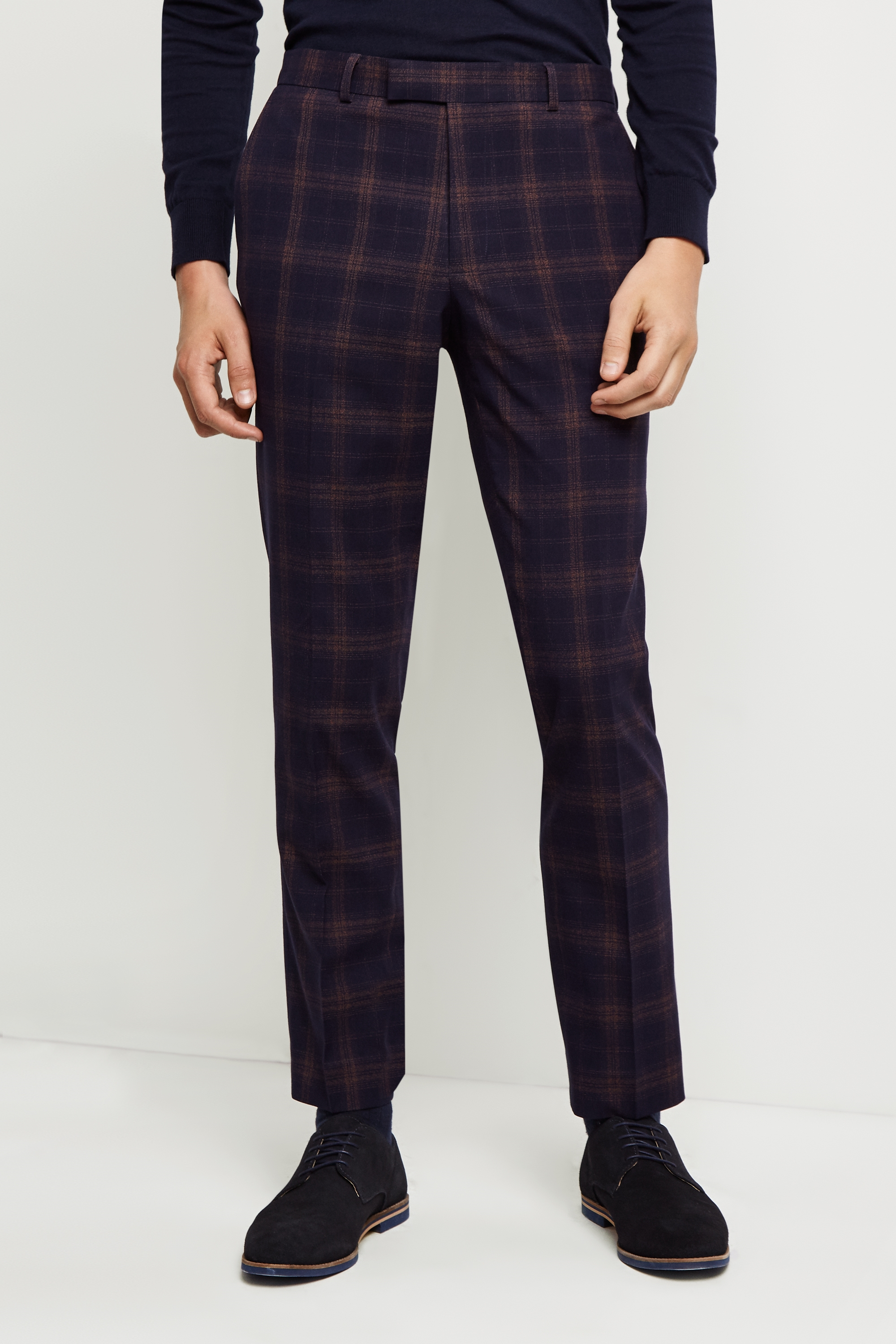 Moss London Skinny Fit Navy Rust Check Trousers