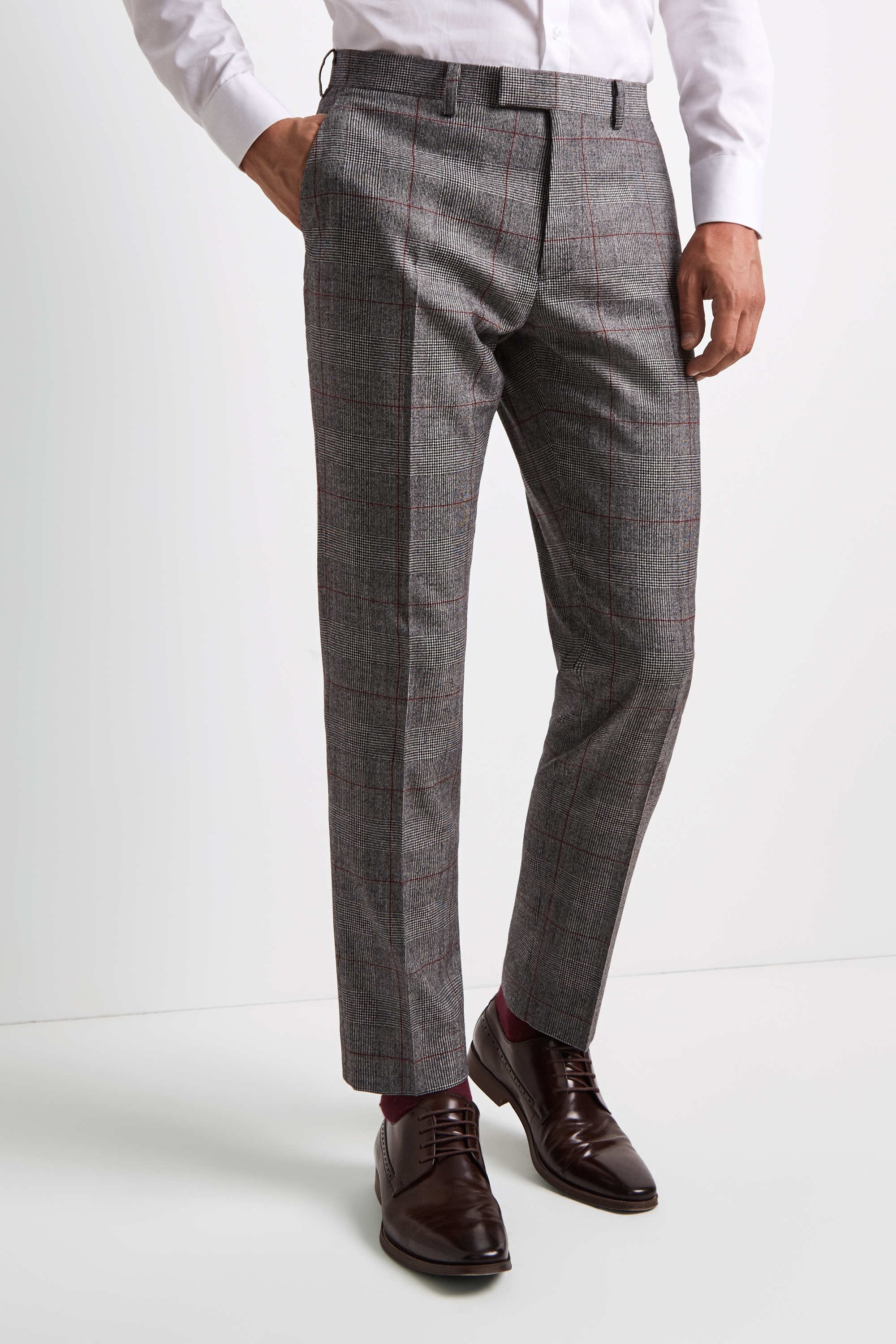 Moss 1851 Tailored Fit Black & White with Red Check Trousers