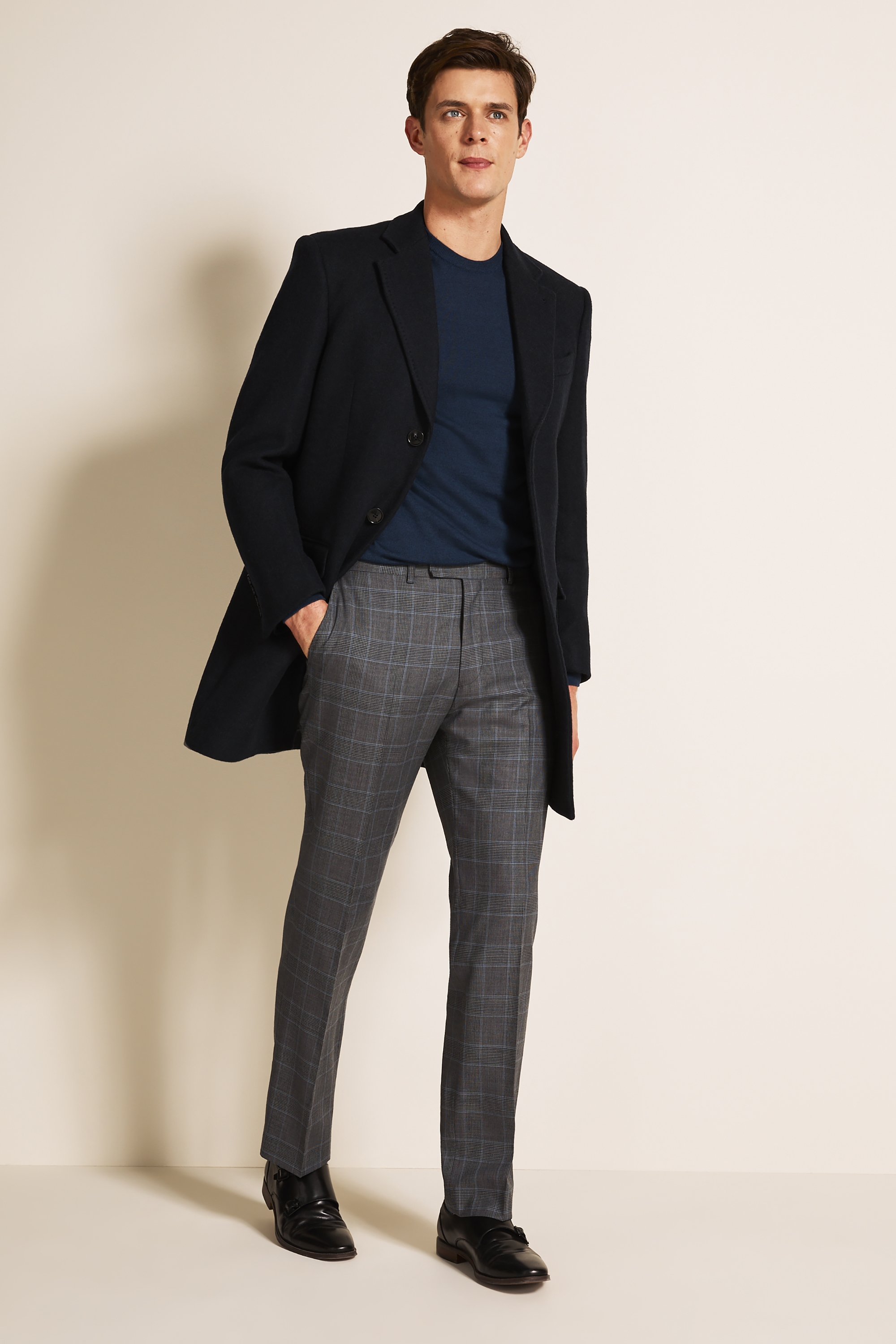 Moss 1851 Tailored Fit Navy Double Face with Check Overcoat
