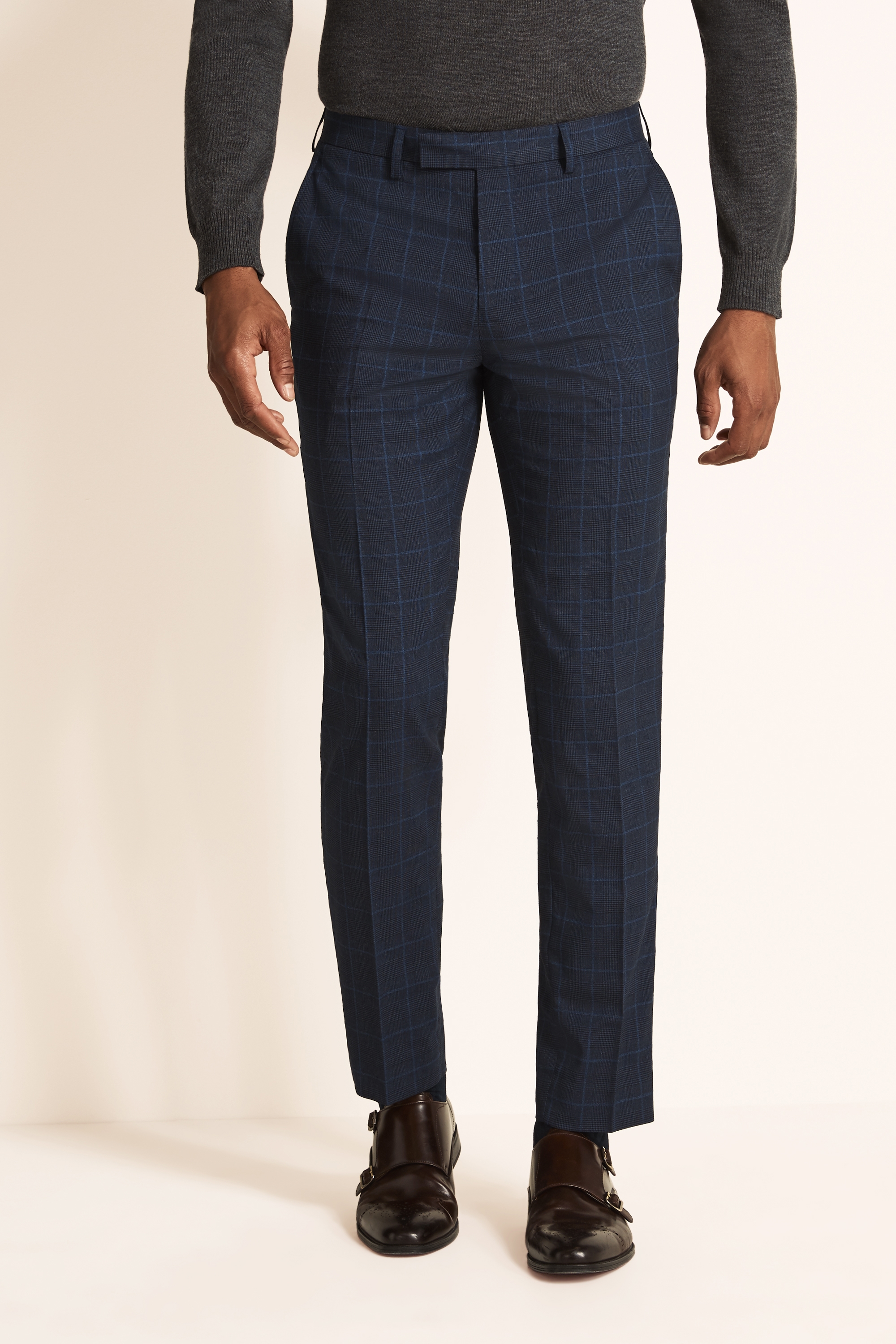 Moss 1851 Tailored Fit Machine Washable Blue Boucle WindowpaneTrousers ...