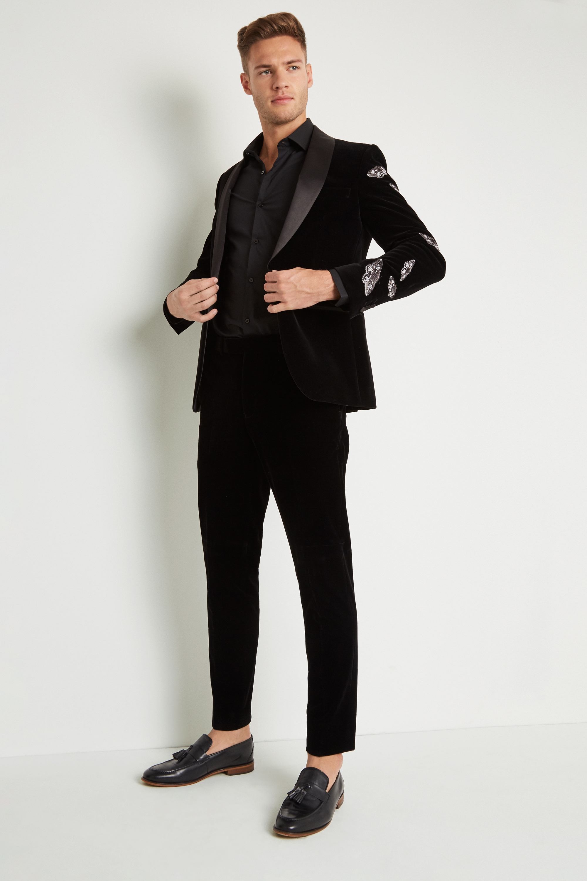 Moss London Skinny Fit Black Velvet Moth Dress Jacket