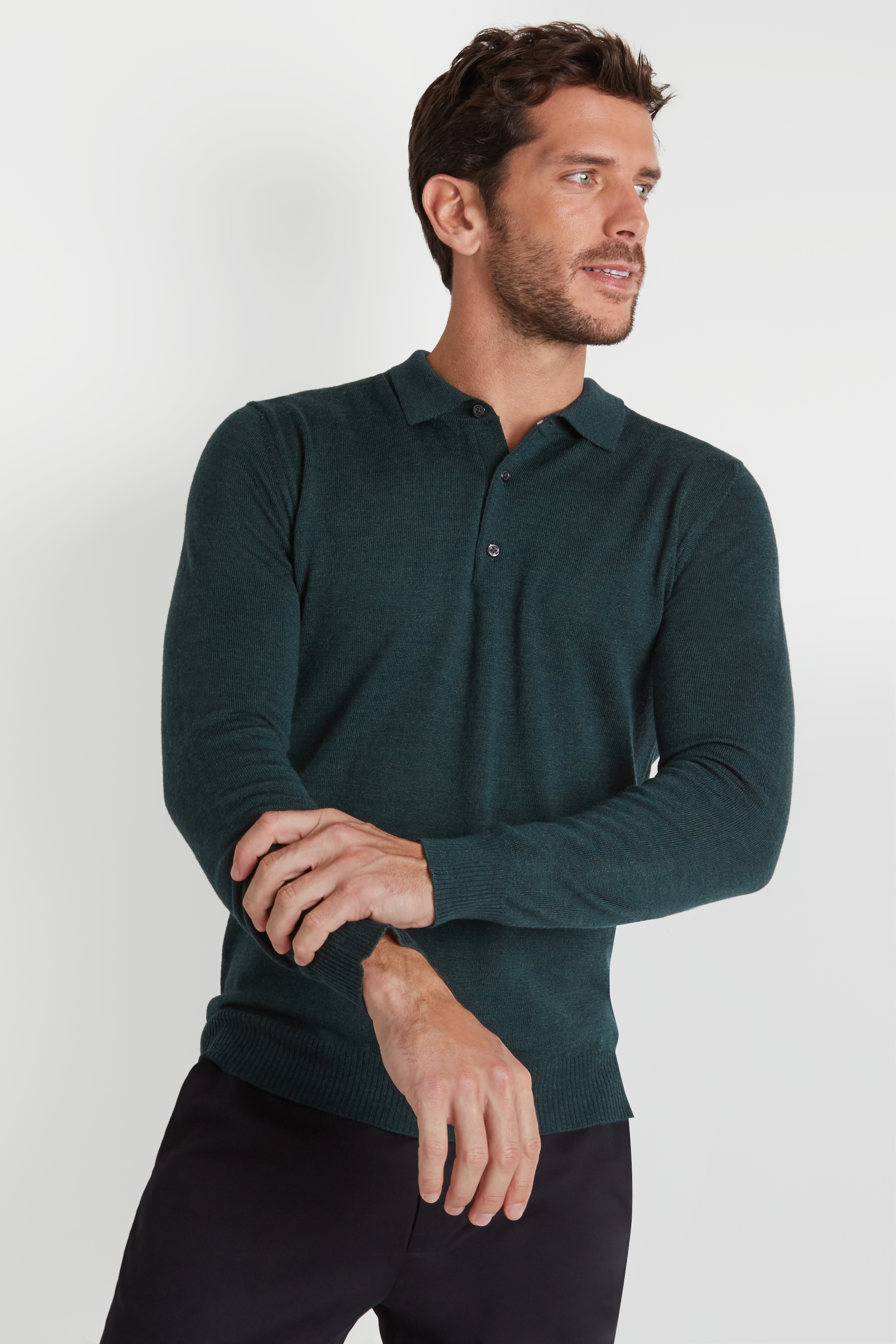 Moss 1851 Forest Green Merino Wool Polo-Neck Sweater