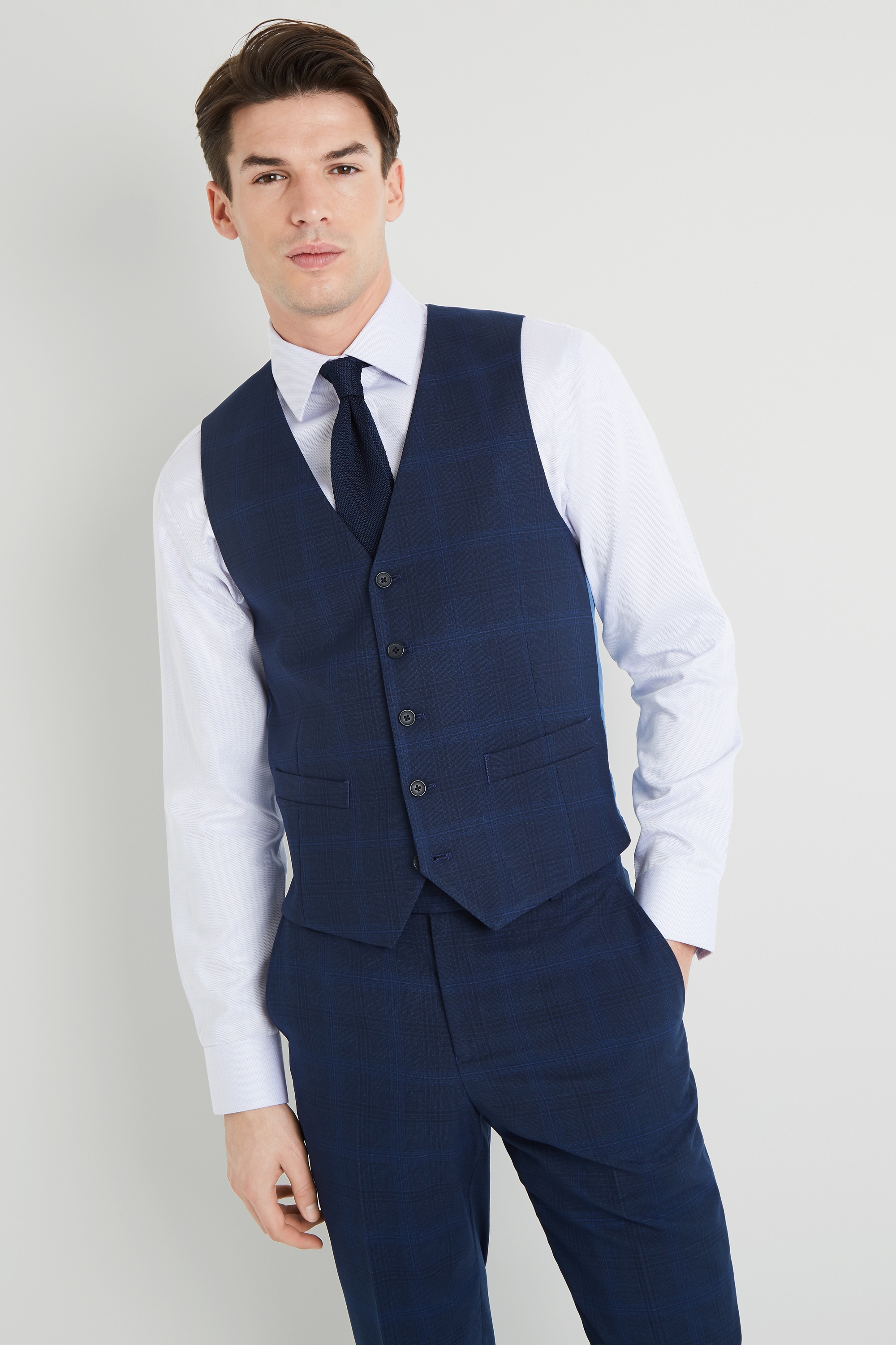 Moss 1851 Tailored Fit Bright Blue Check Waistcoat
