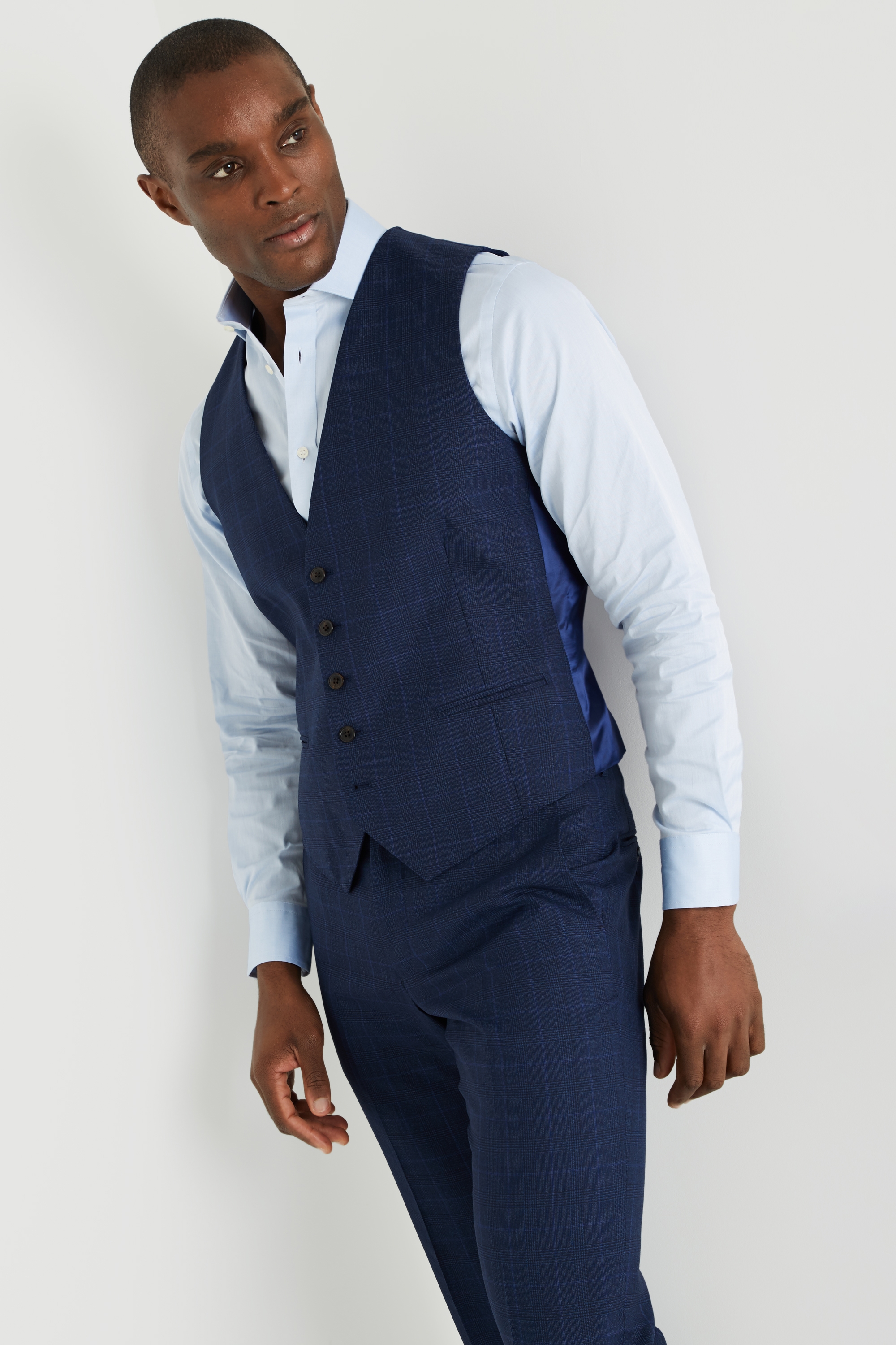 Savoy Taylors Guild Tailored Fit Bright Blue Check Waistcoat