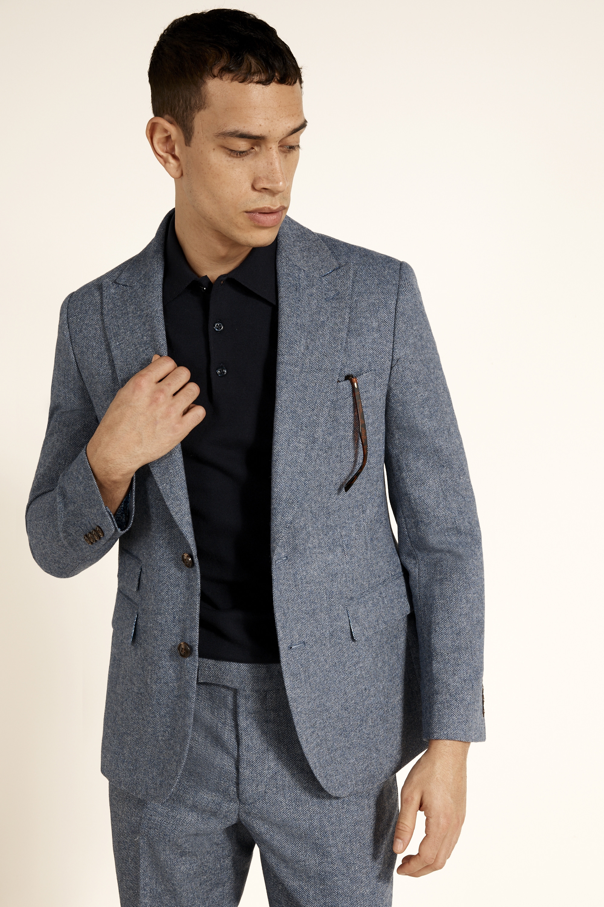 Slim Fit Blue Herringbone Tweed Suit
