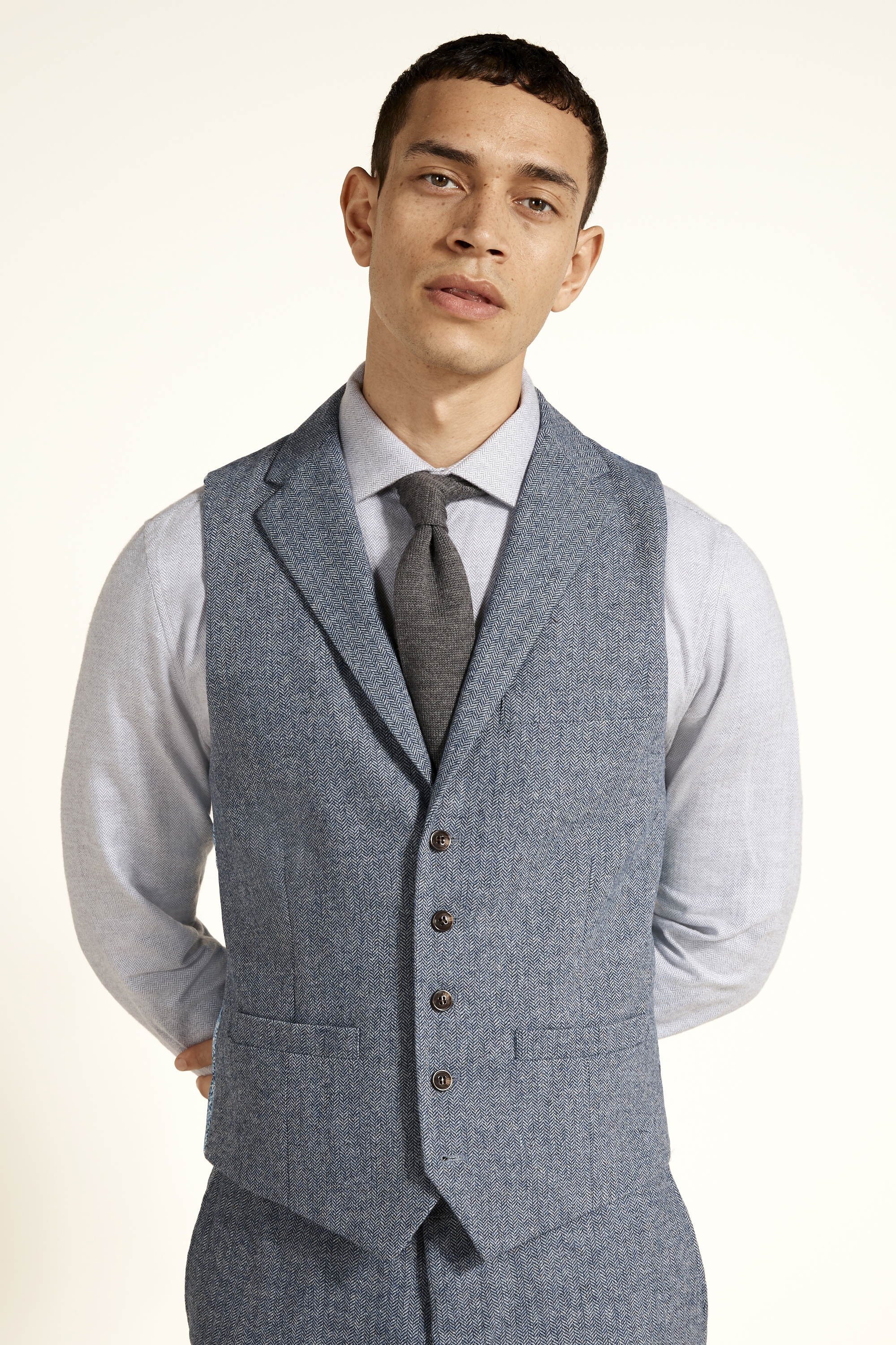 Men's Brown Striped Herringbone Wool Blend Formal Waistcoat Slim Fit Casual Vest