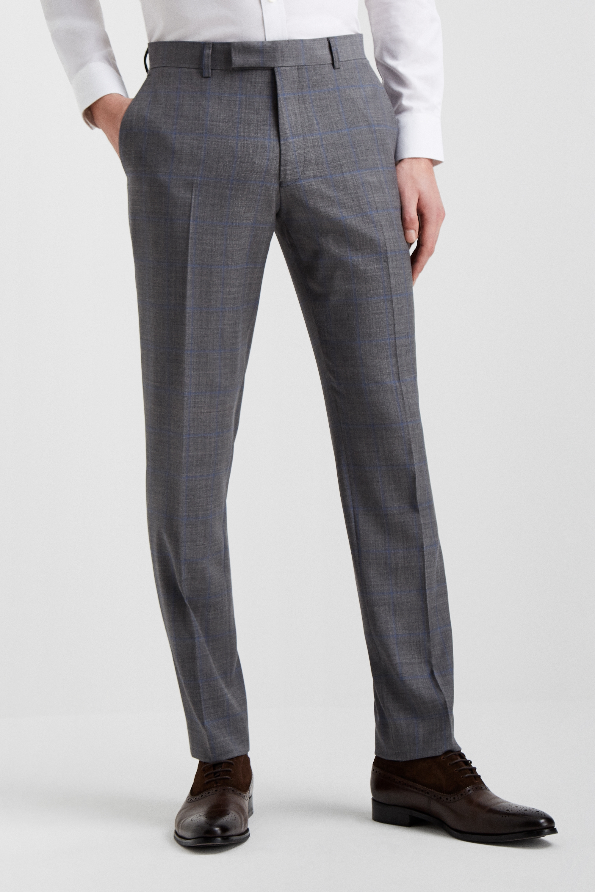 Moss 1851 Tailored Fit Grey with Blue Windowpane Trousers