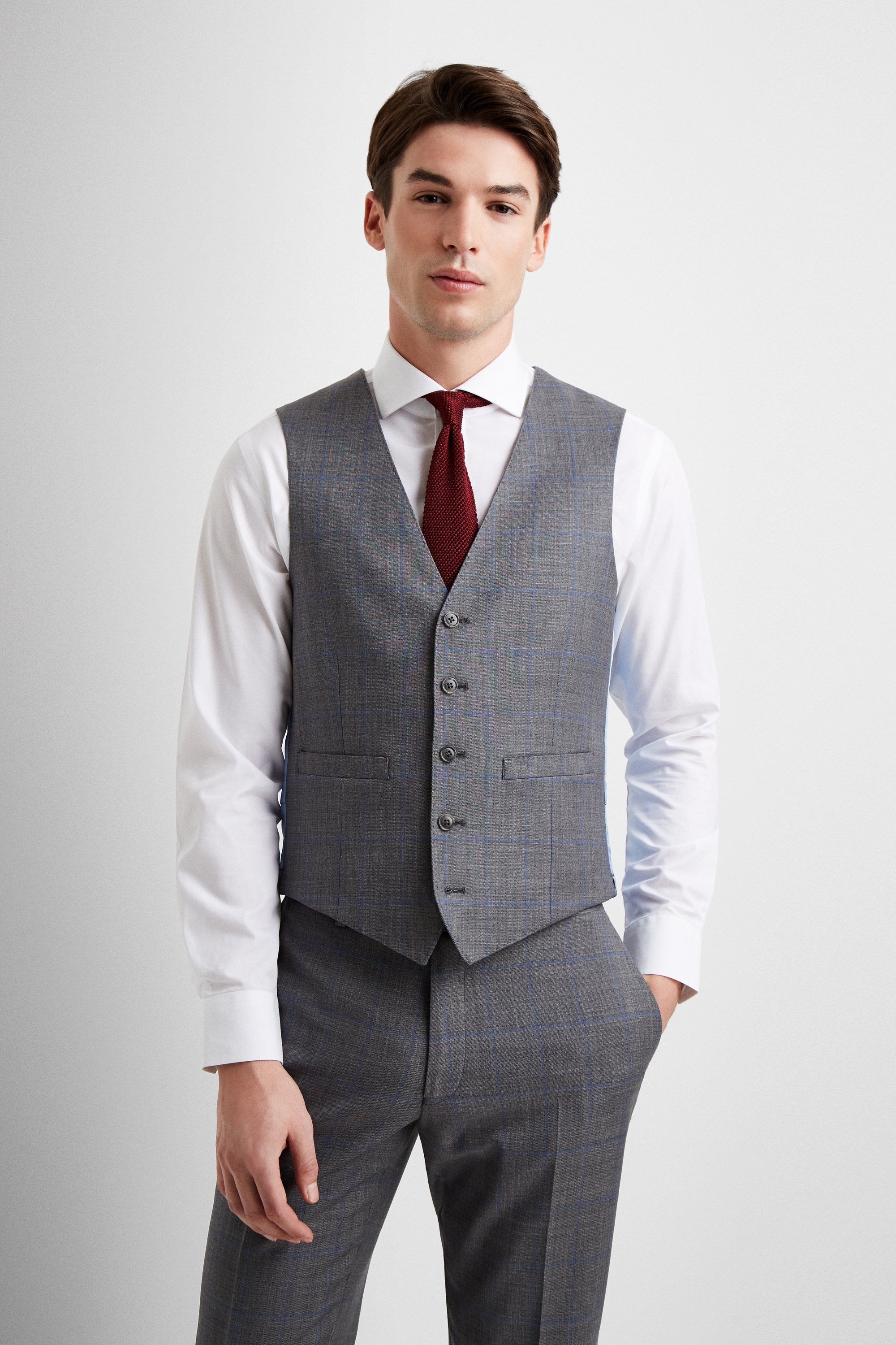 Moss 1851 Tailored Fit Grey with Blue Windowpane Waistcoat