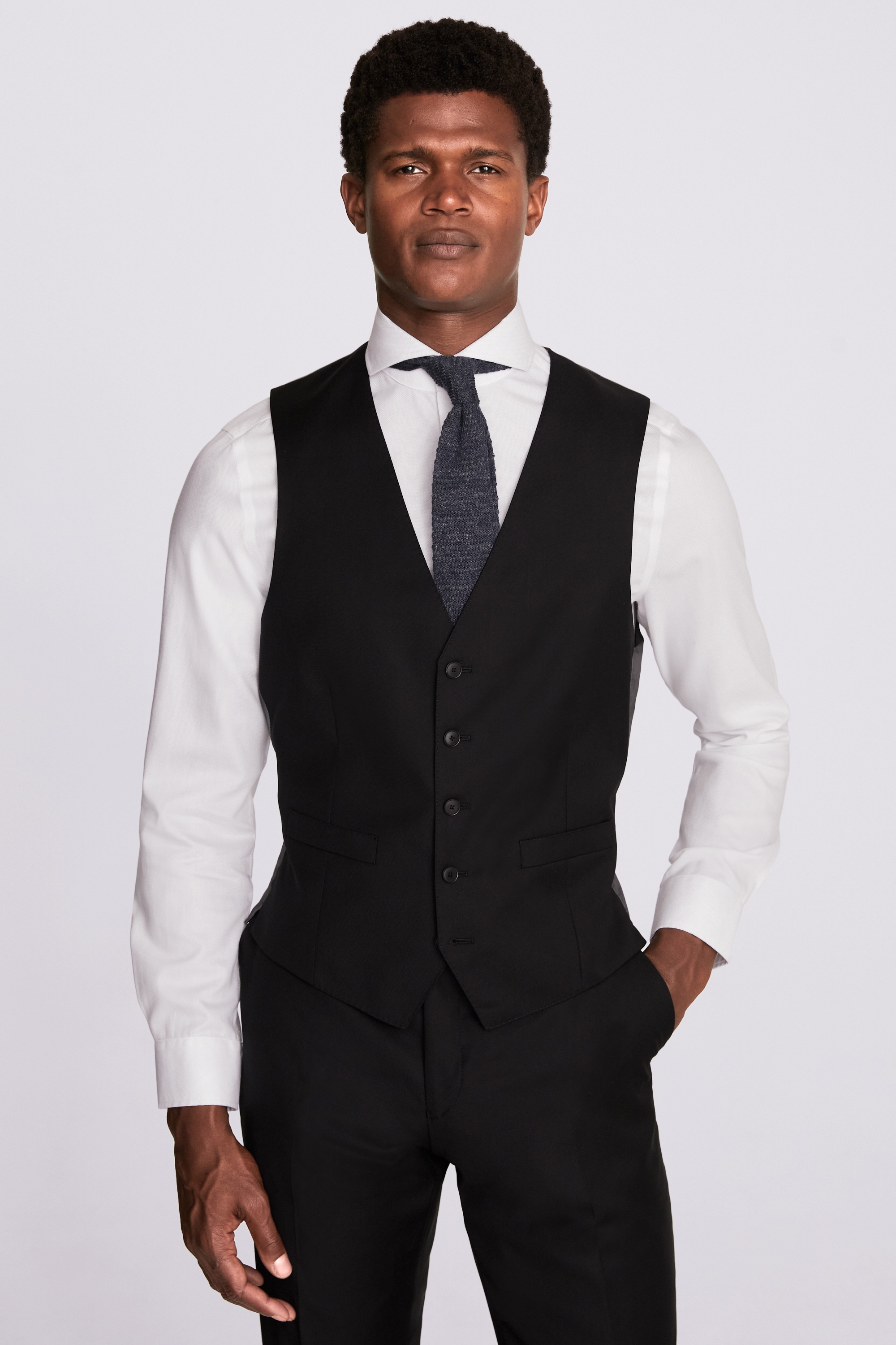 Italian Tailored Fit Black Twill Waistcoat | Buy Online at Moss