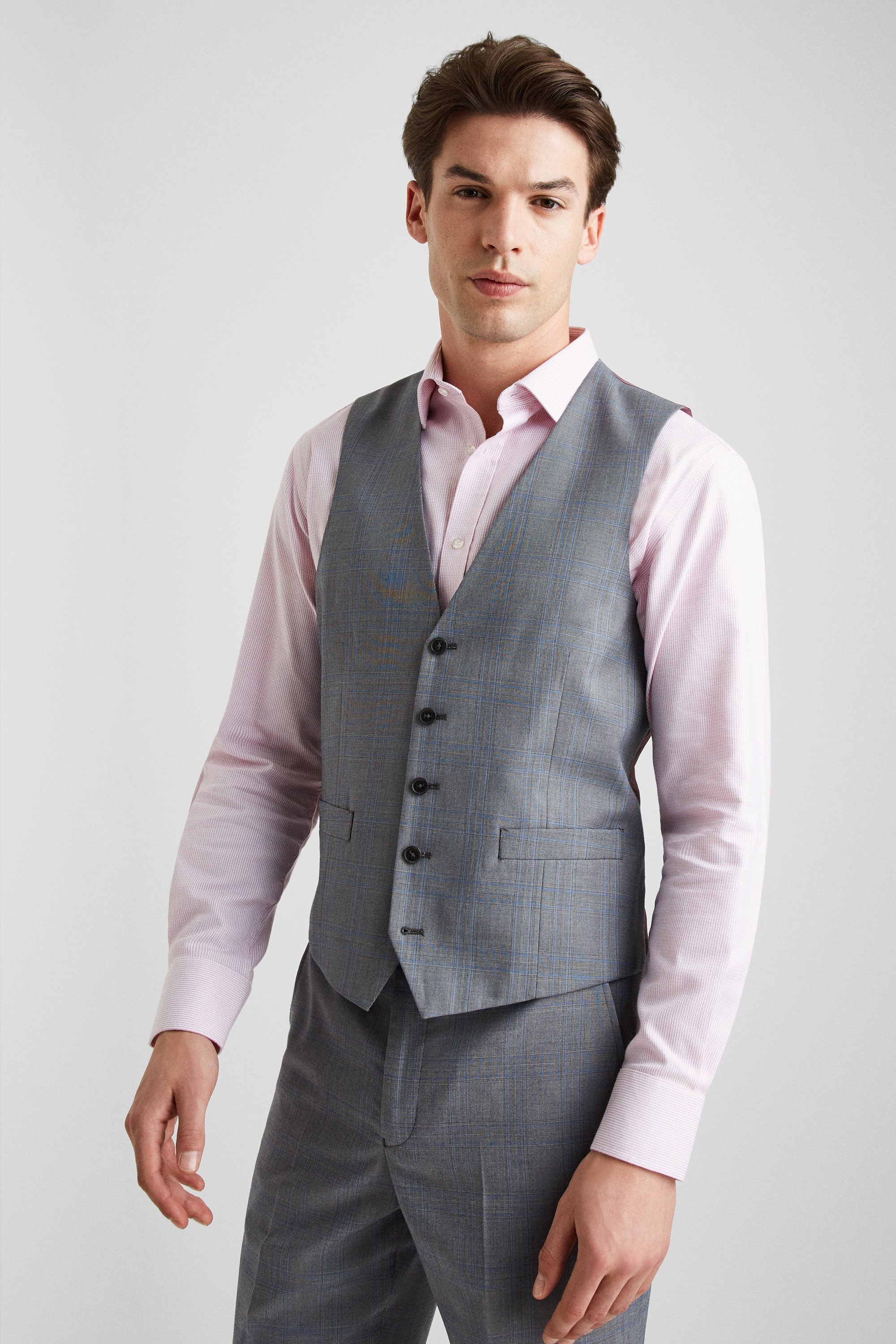 Moss Esq. Regular Fit Light Grey with Blue Prince of Wales Check Waistcoat