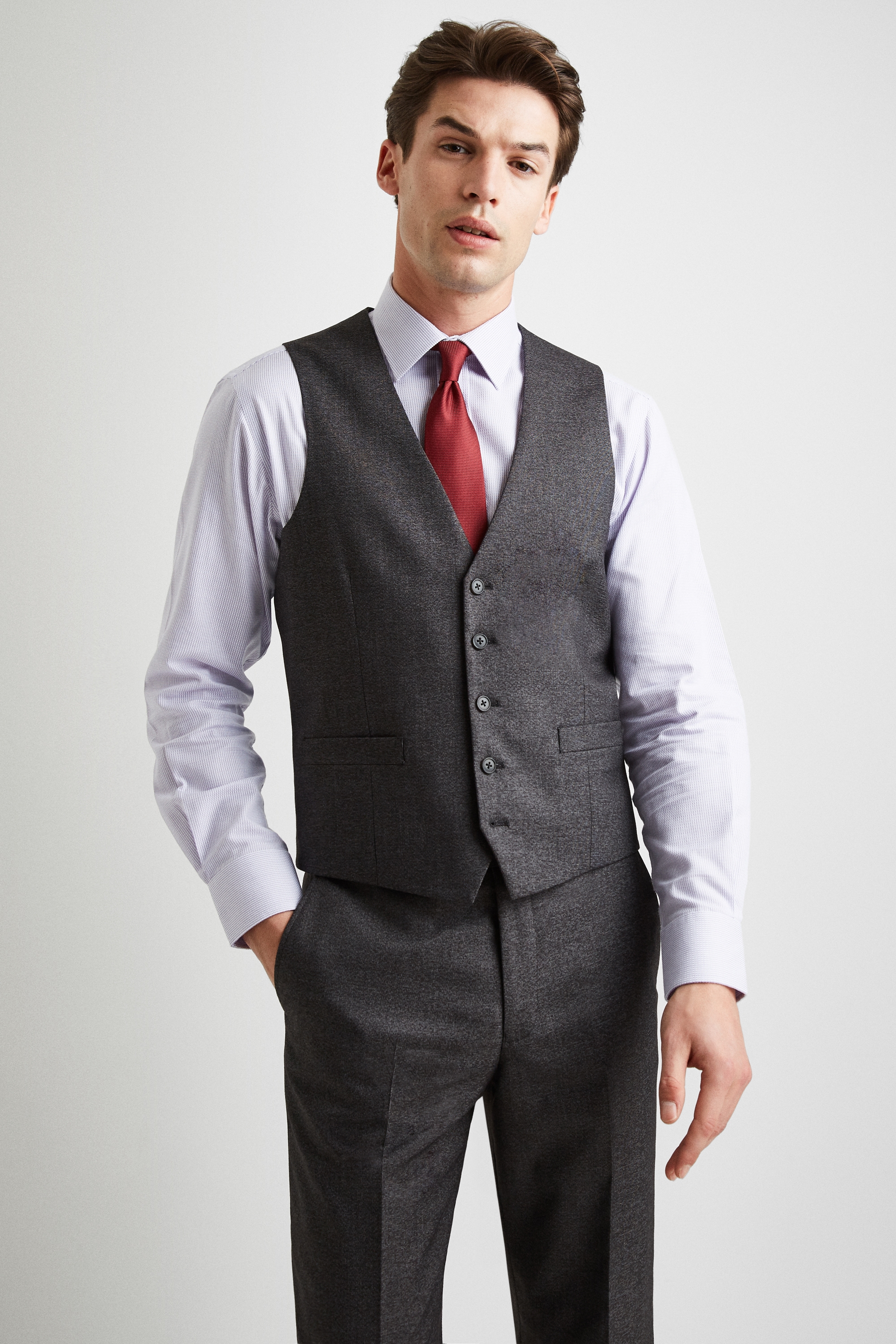 Moss Esq. Regular Fit Grey Textured Waistcoat