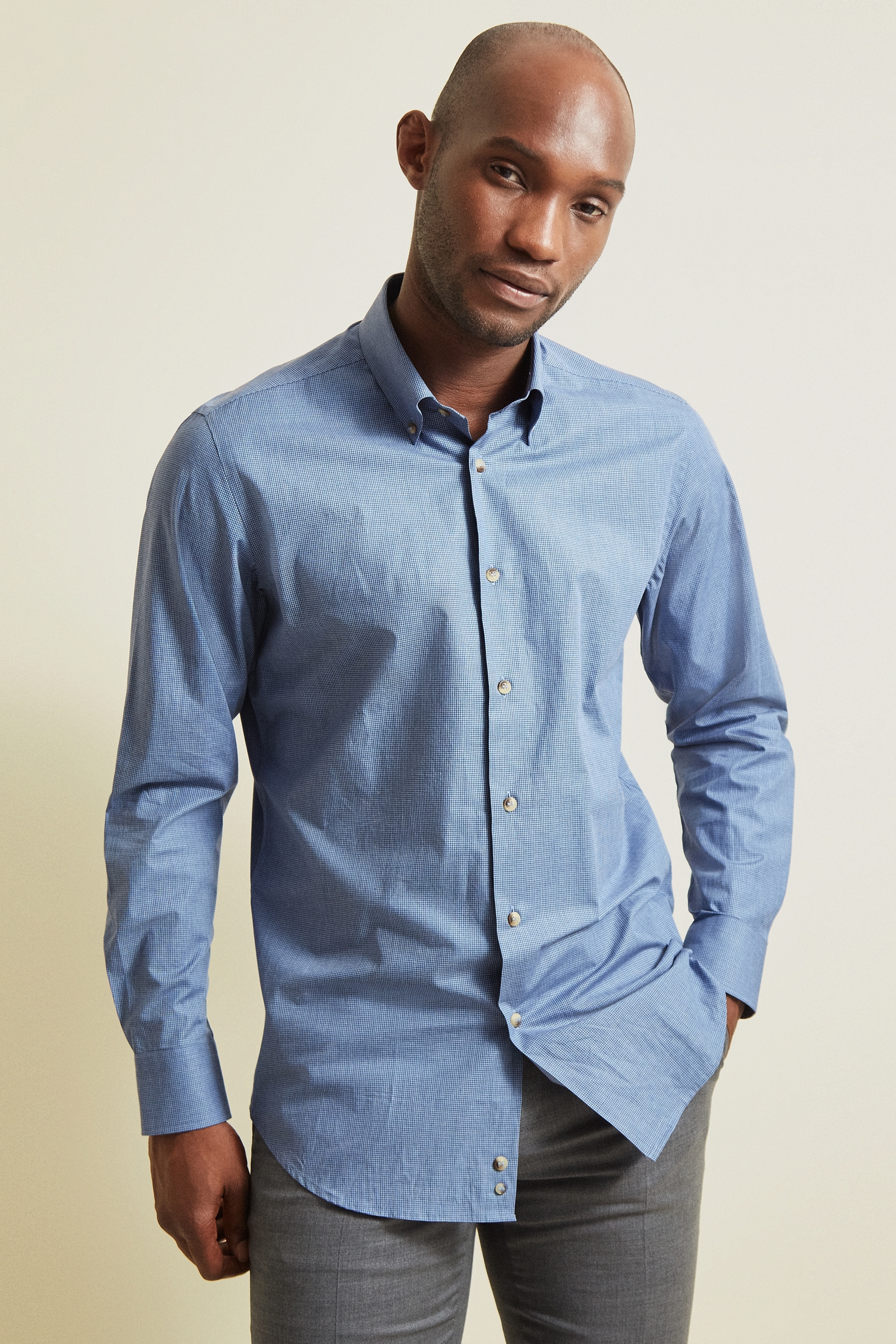 Moss 1851 Tailored Fit Blue Single Cuff Melange Check Shirt