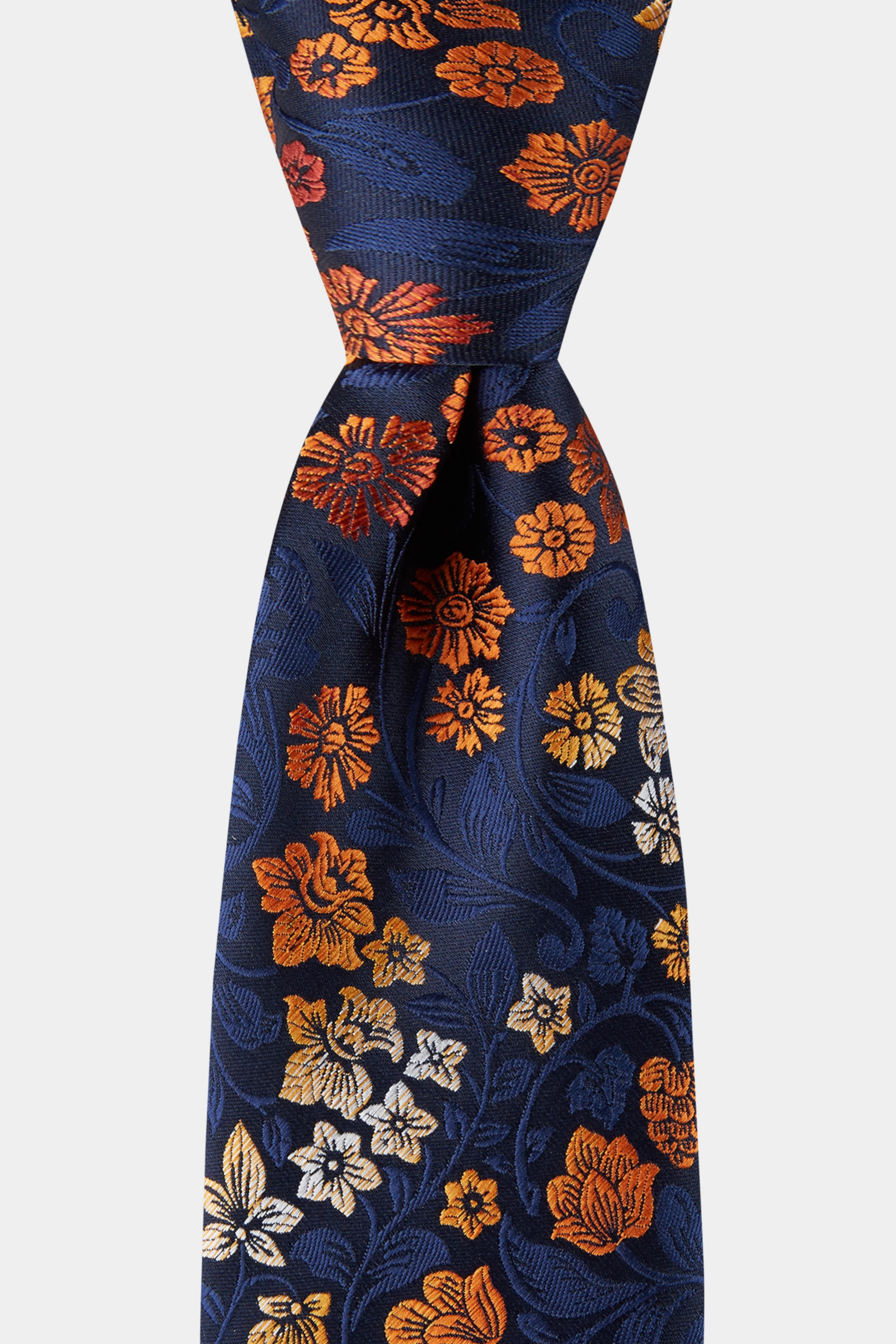 navy dress with orange flowers