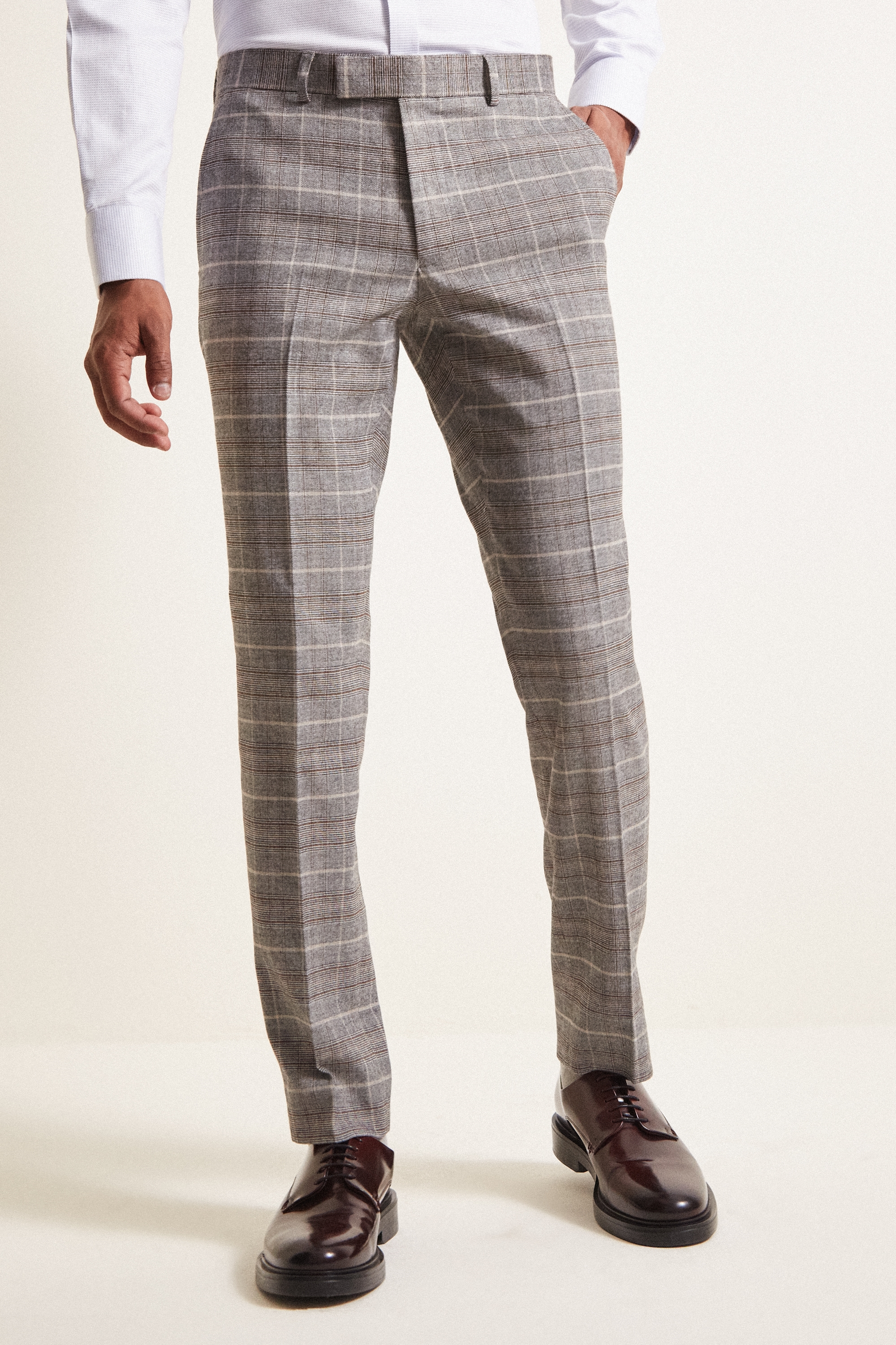 Slim Fit Grey Tan Check Trousers | Buy Online at Moss