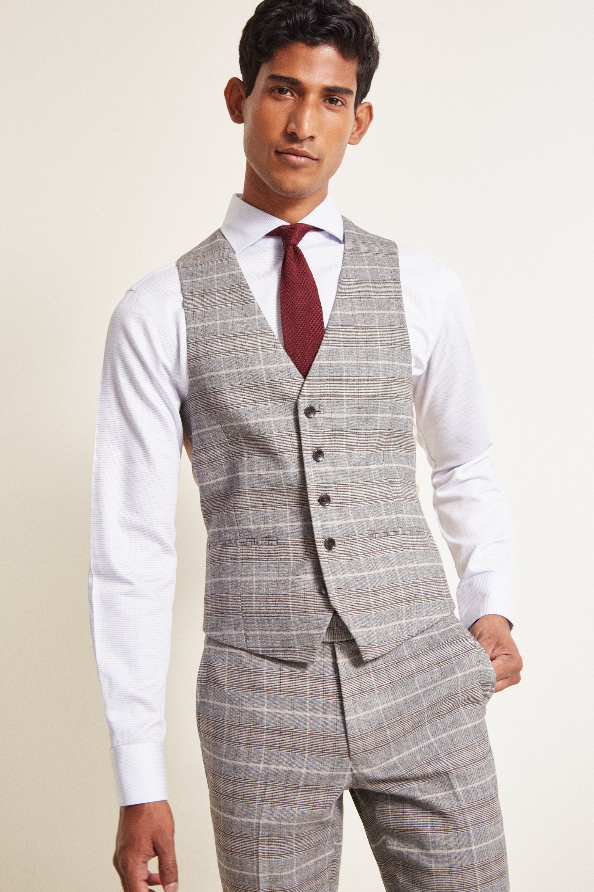 Slim Fit Grey Tan Check Waistcoat | Buy Online at Moss
