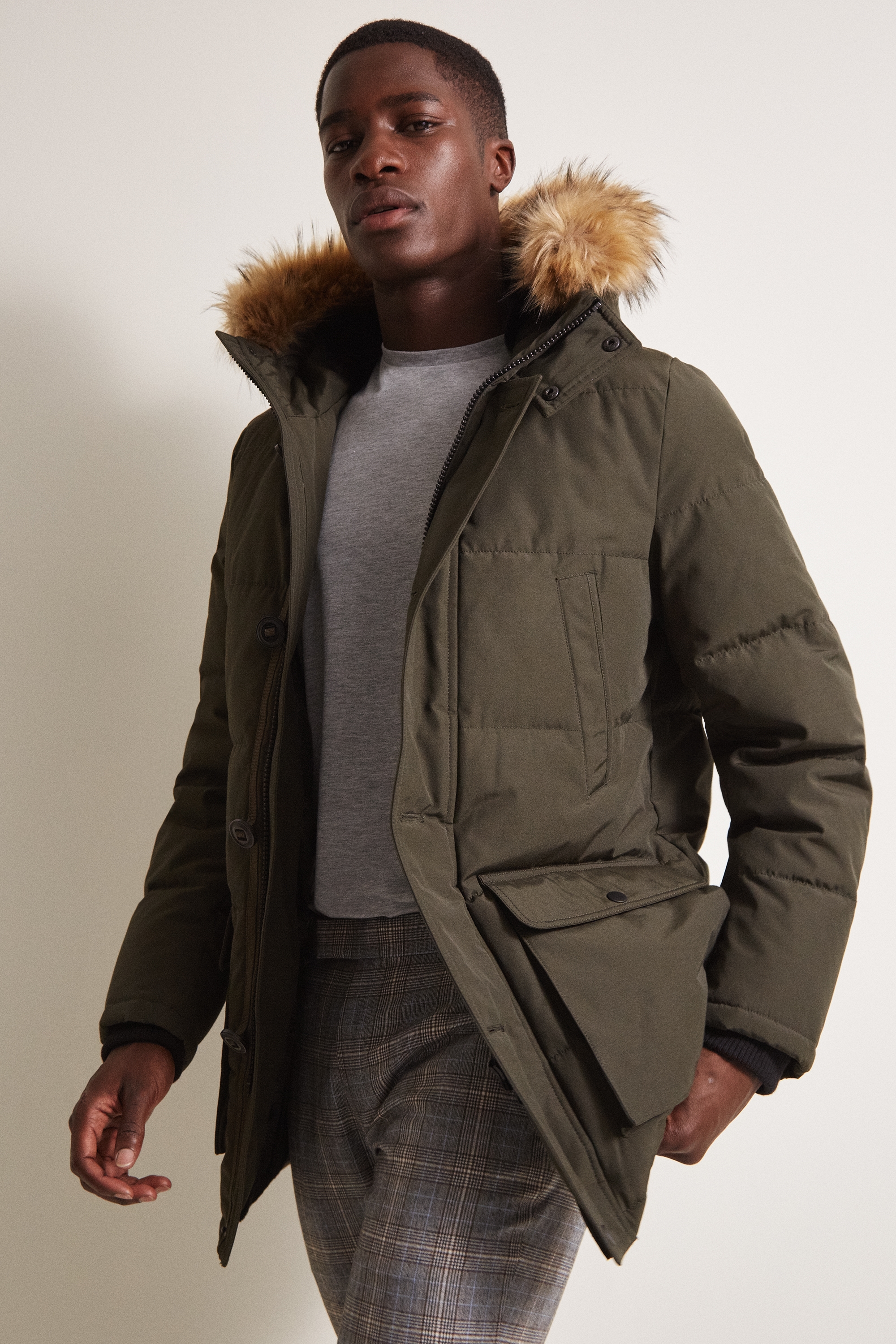 Moss London Slim Fit Khaki Arctic Parka Faux Fur Lined