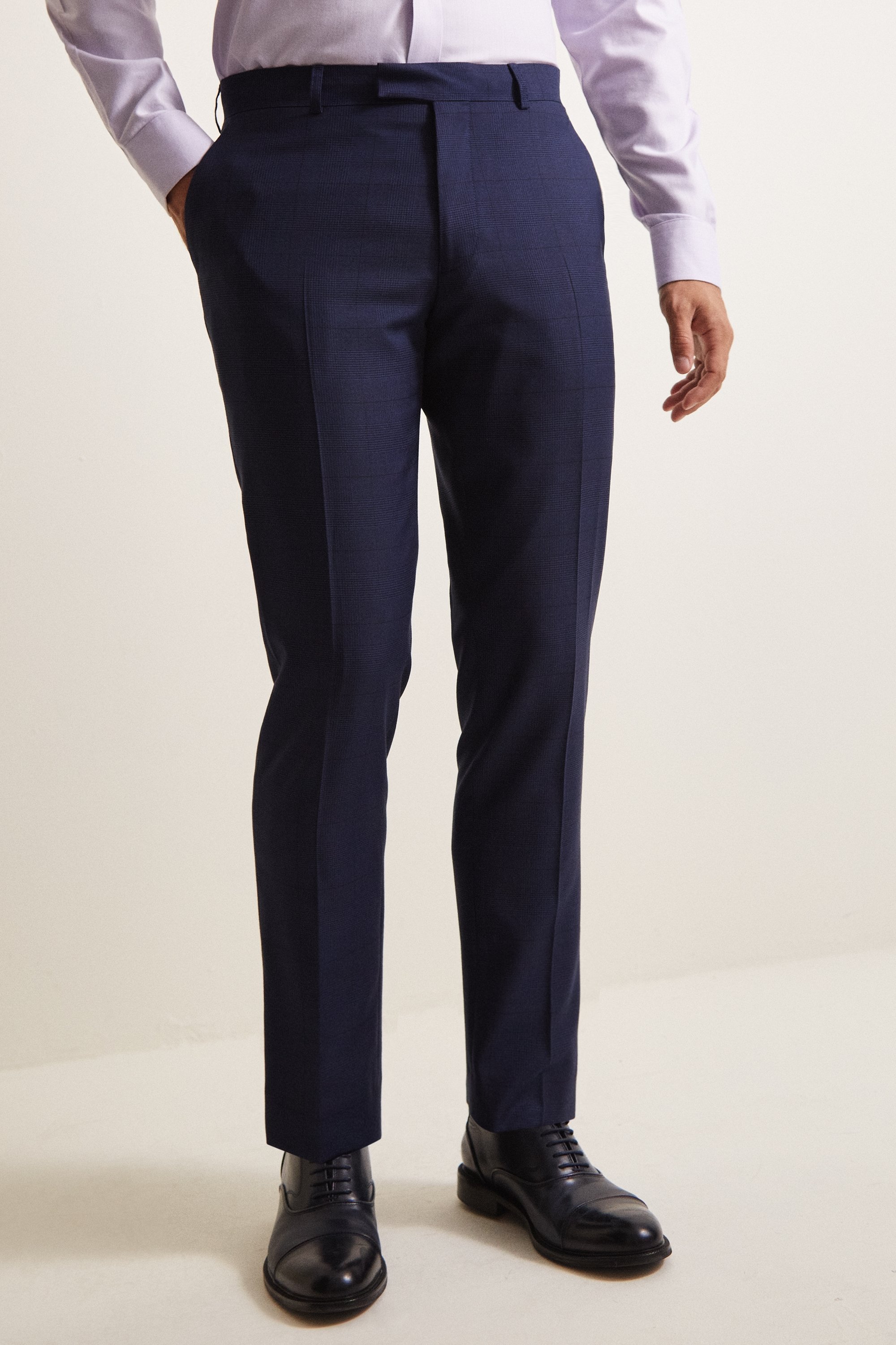 Moss 1851 Tailored Fit Navy Prince of Wales Check Trousers