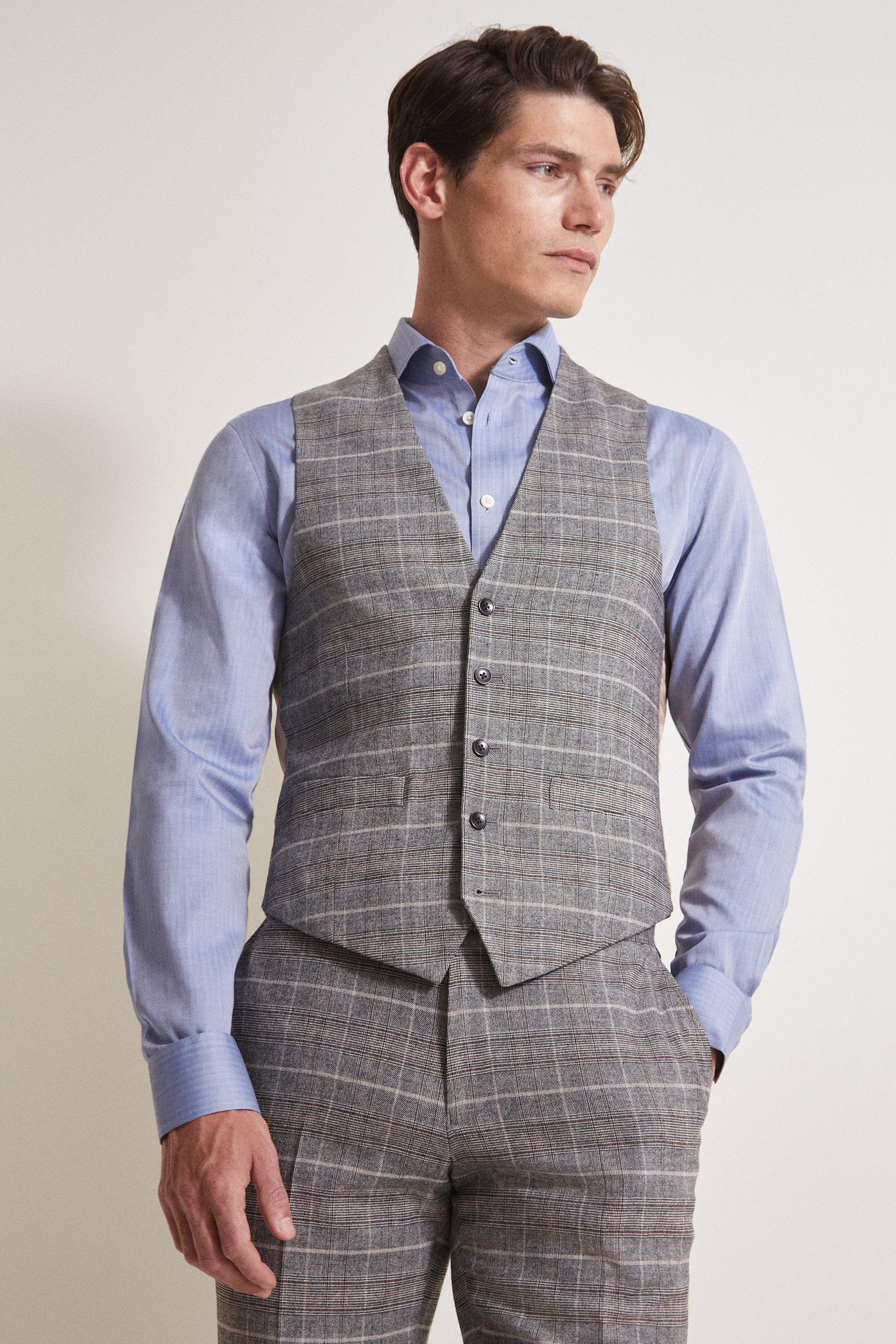 Moss 1851 Tailored Fit Grey/Tan Check Waistcoat