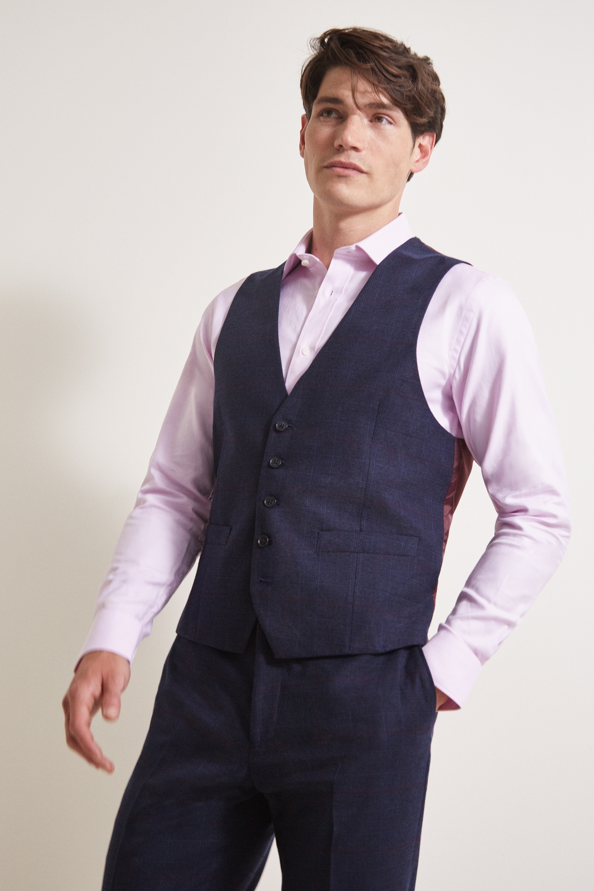 Moss Esq Regular Fit Navy Red Check Waistcoat