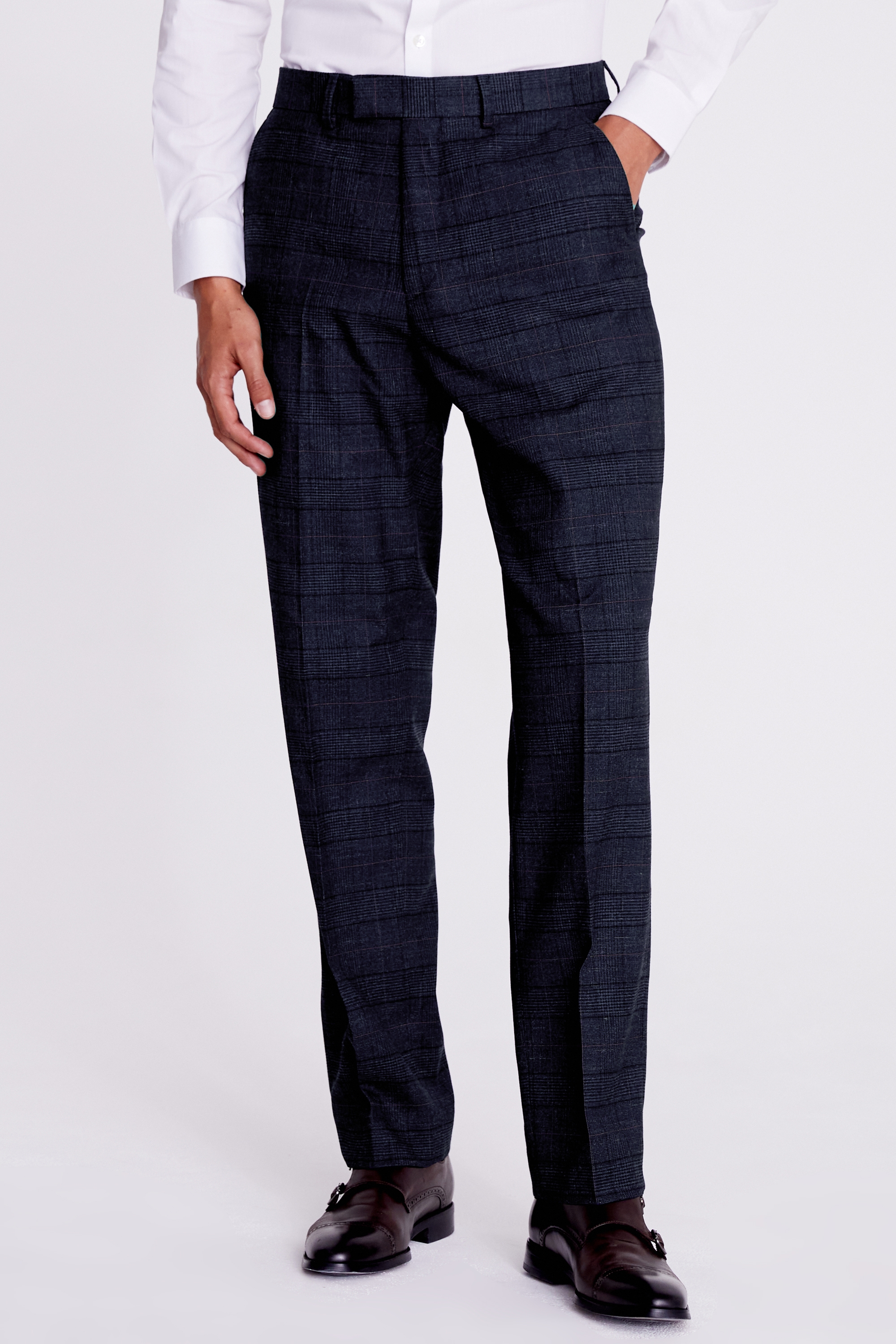 Regular Fit Navy Black Check Trousers | Buy Online at Moss