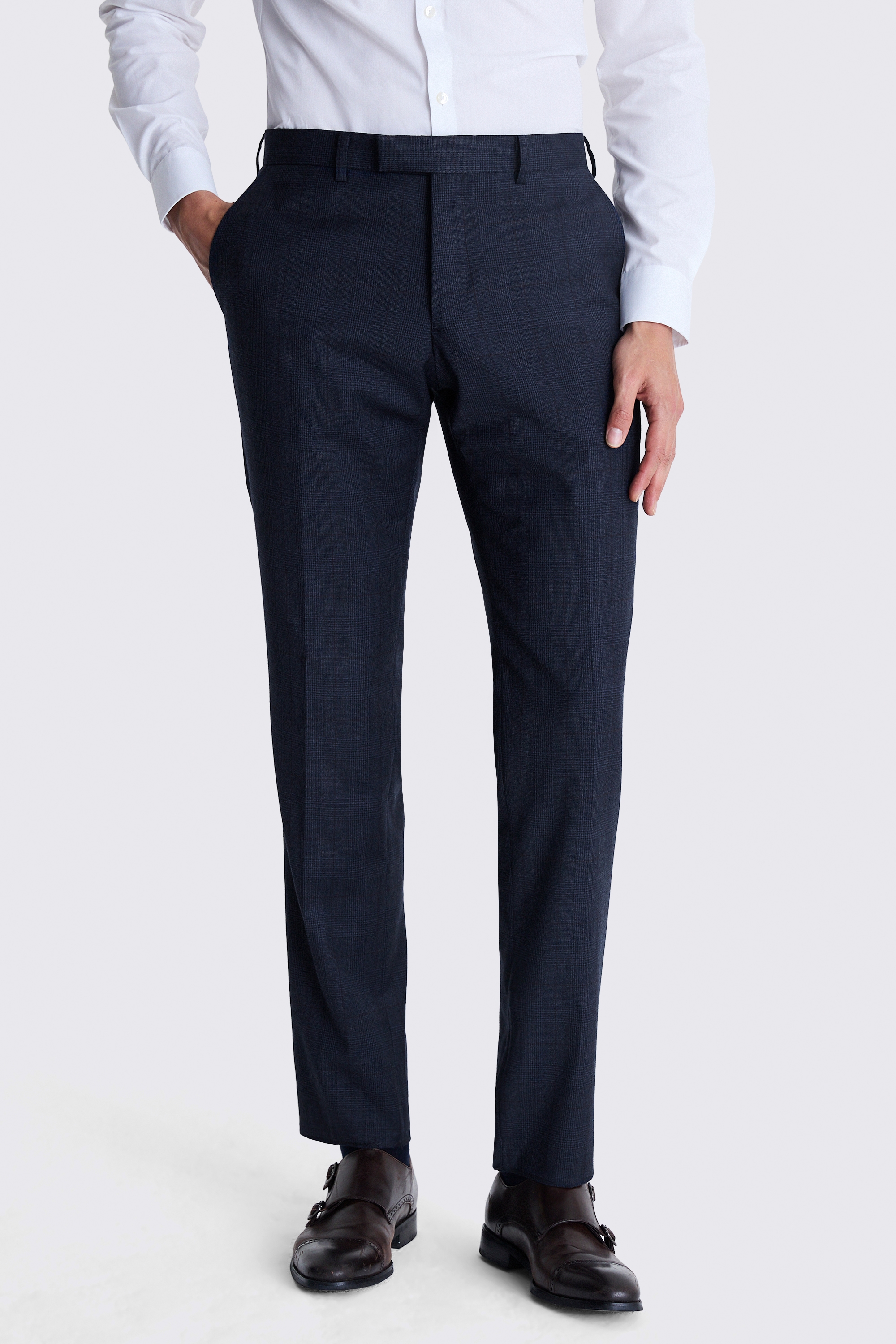 Tailored Fit Navy Check Performance Trousers | Buy Online at Moss