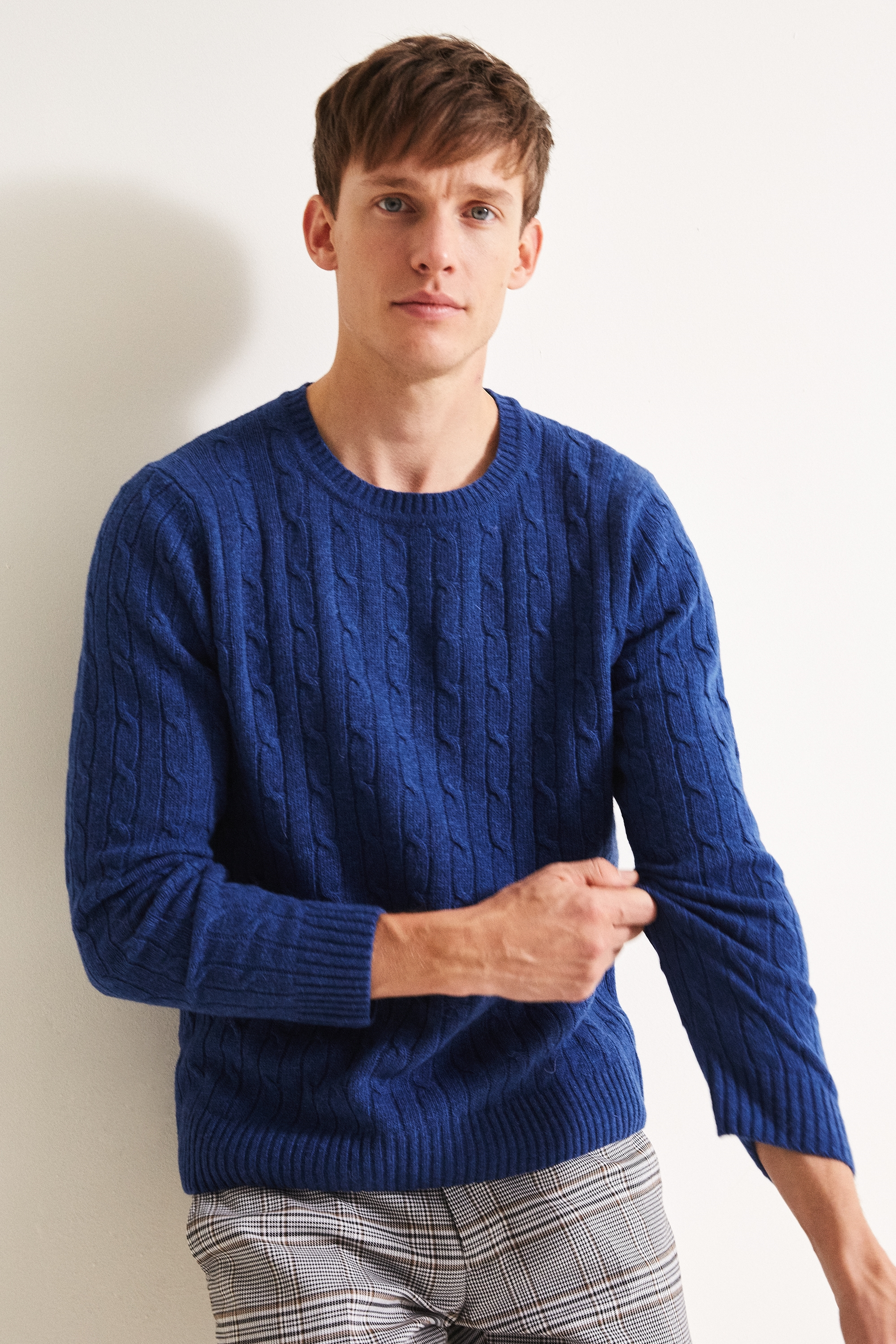 Moss London Mid-Blue Cable Crew-Neck Jumper