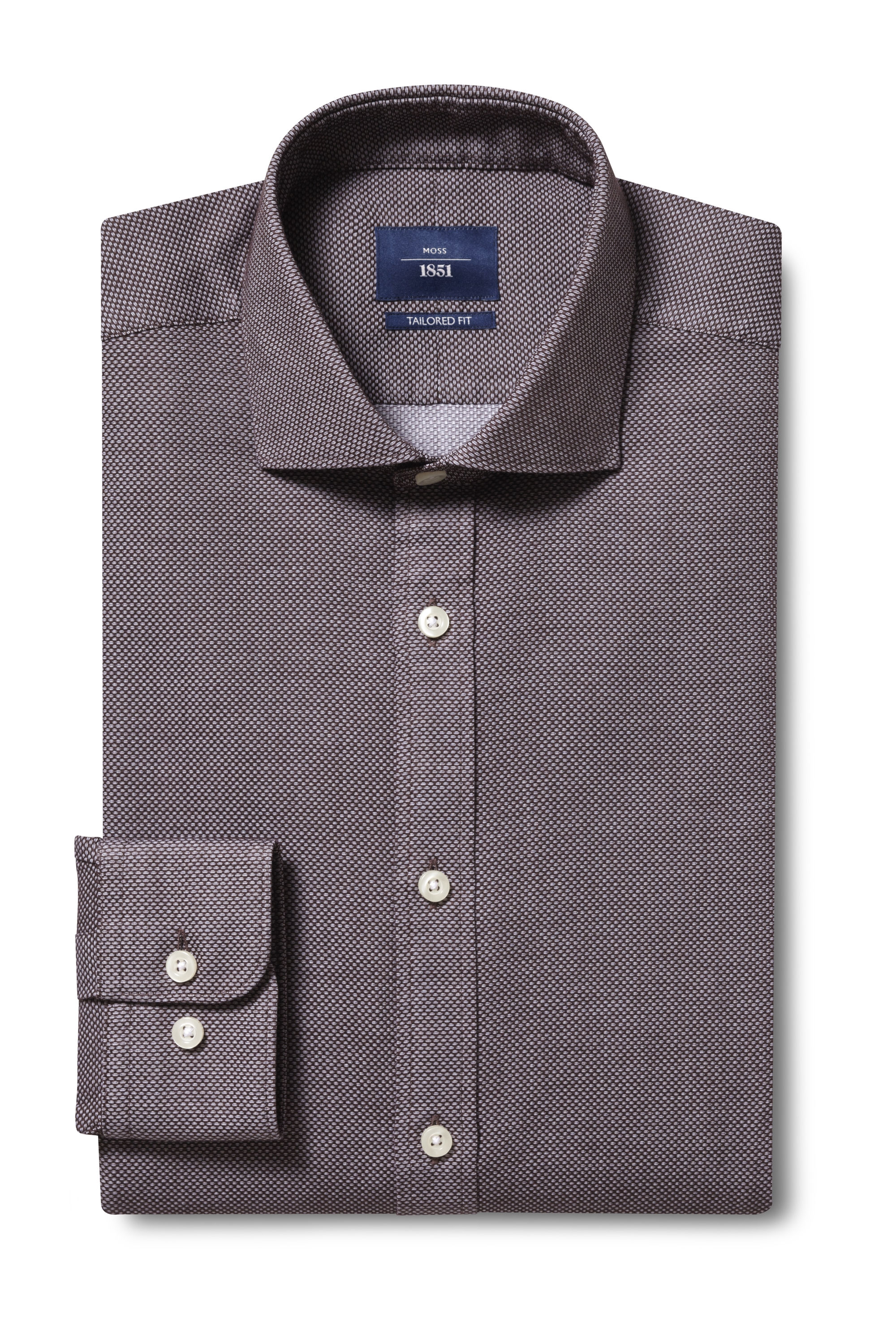 Moss 1851 Tailored Fit Brown Single Cuff Textured Dobby Shirt