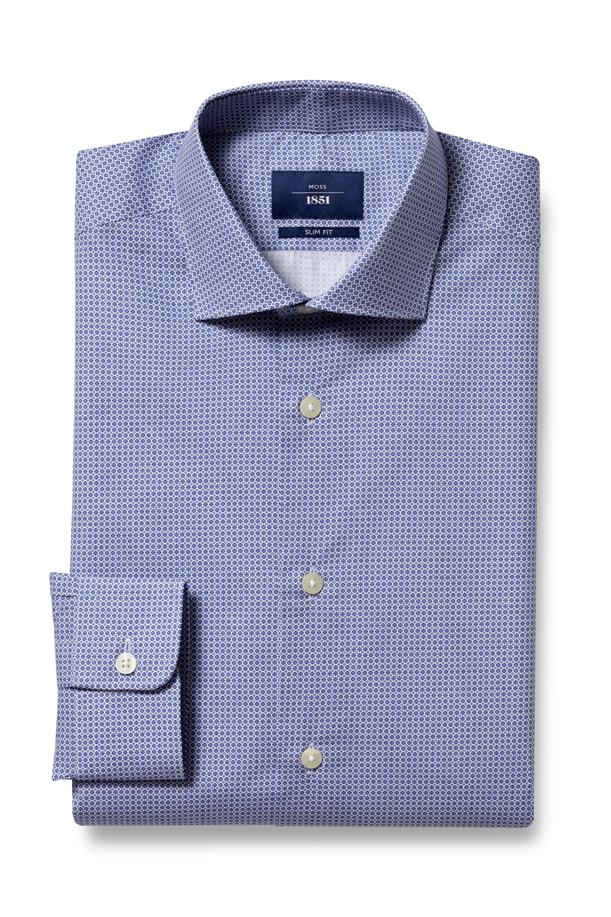 Moss 1851 Slim Fit Blue Single Cuff Print Shirt