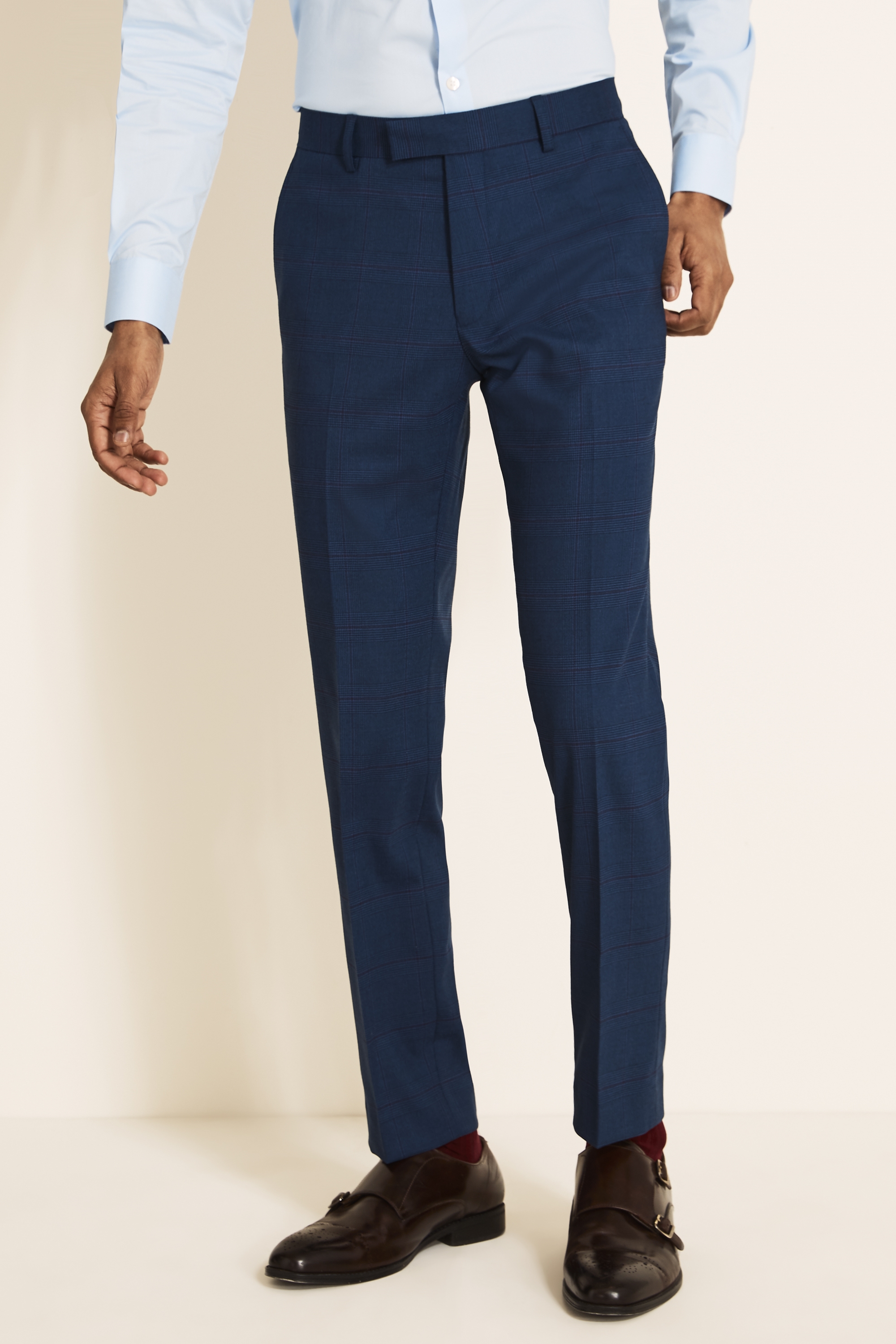 Moss Lonodn Slim Fit Navy With Purple Check Trousers