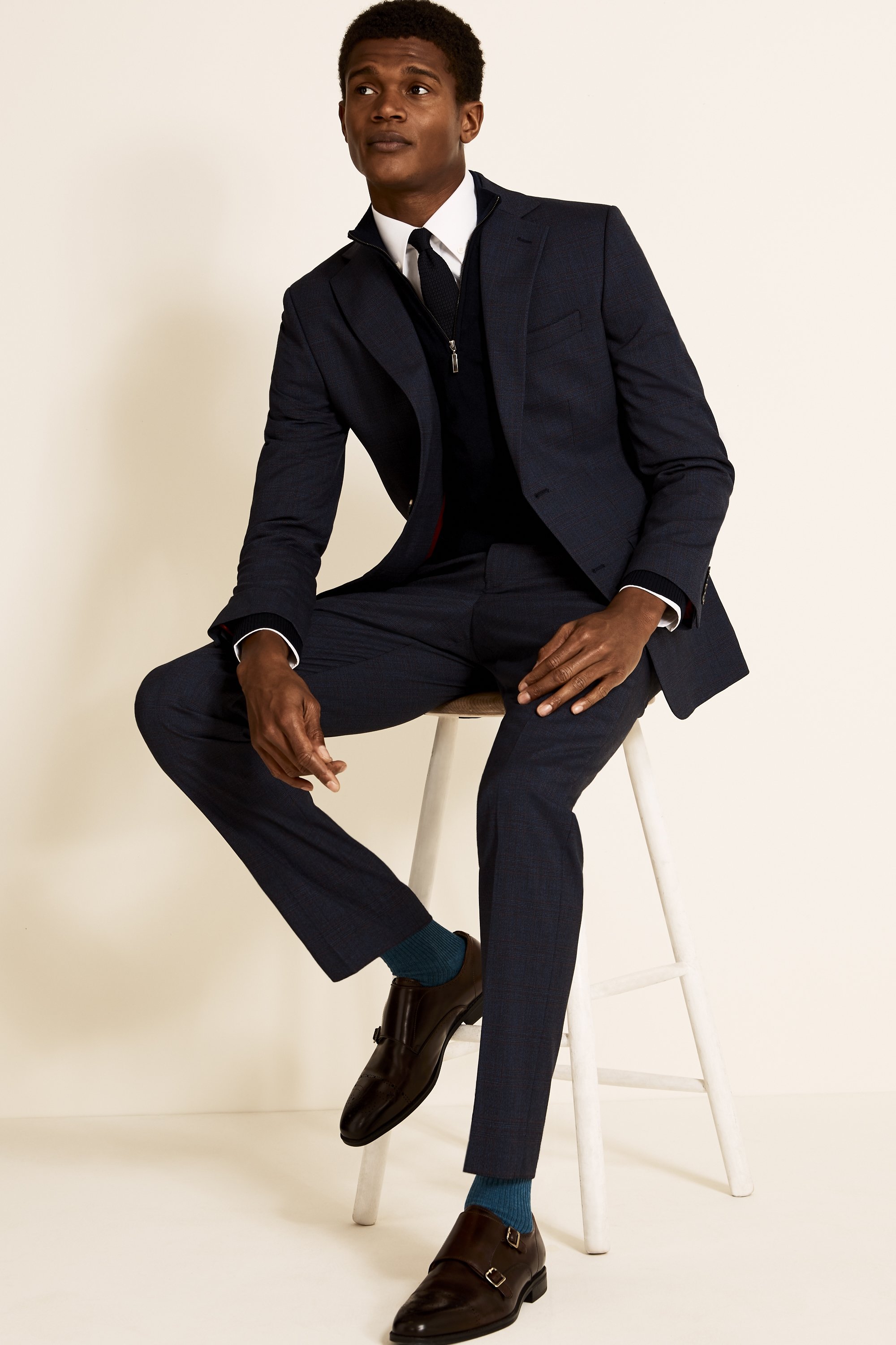 neutral navy check suit