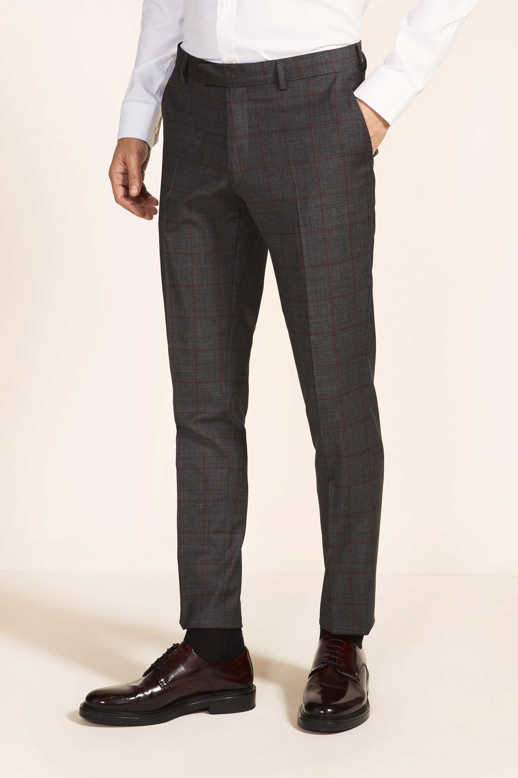 Moss 1851 Slim Fit Grey with Red Windowpane Supreme Stretch Trousers