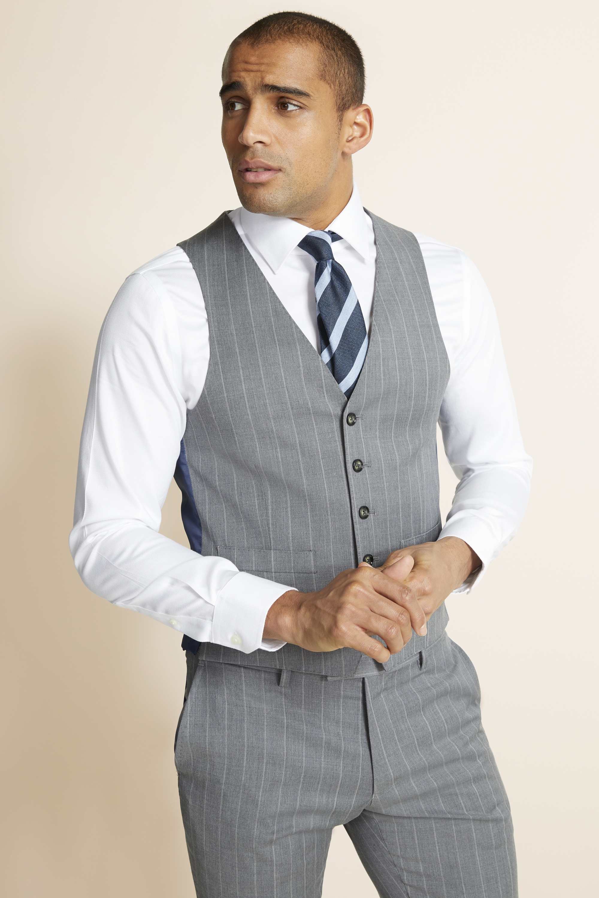 Moss 1851 Slim Fit Grey with White Stripe Supreme Stretch Waistcoat