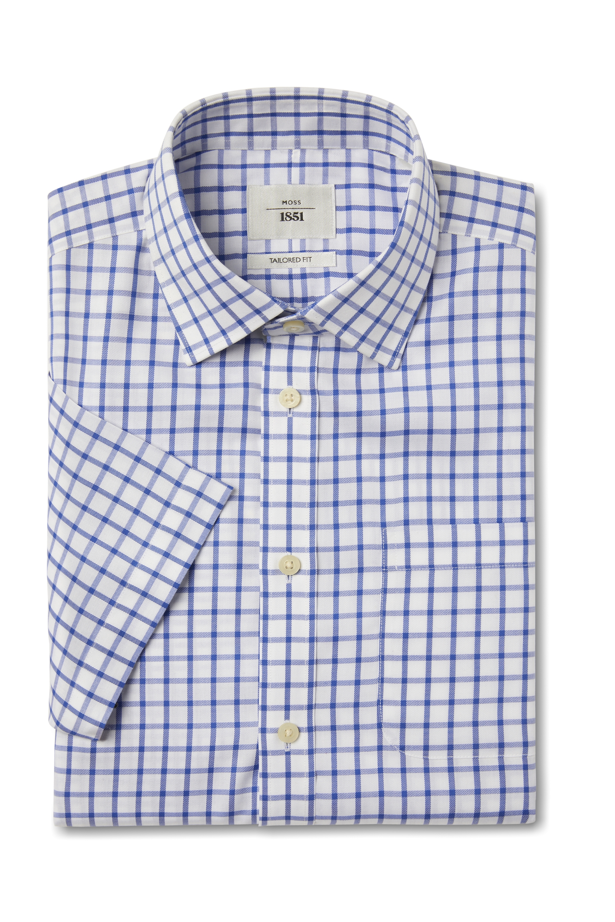 Tailored Fit Blue Check Twill Short Sleeve Zero Iron Shirt