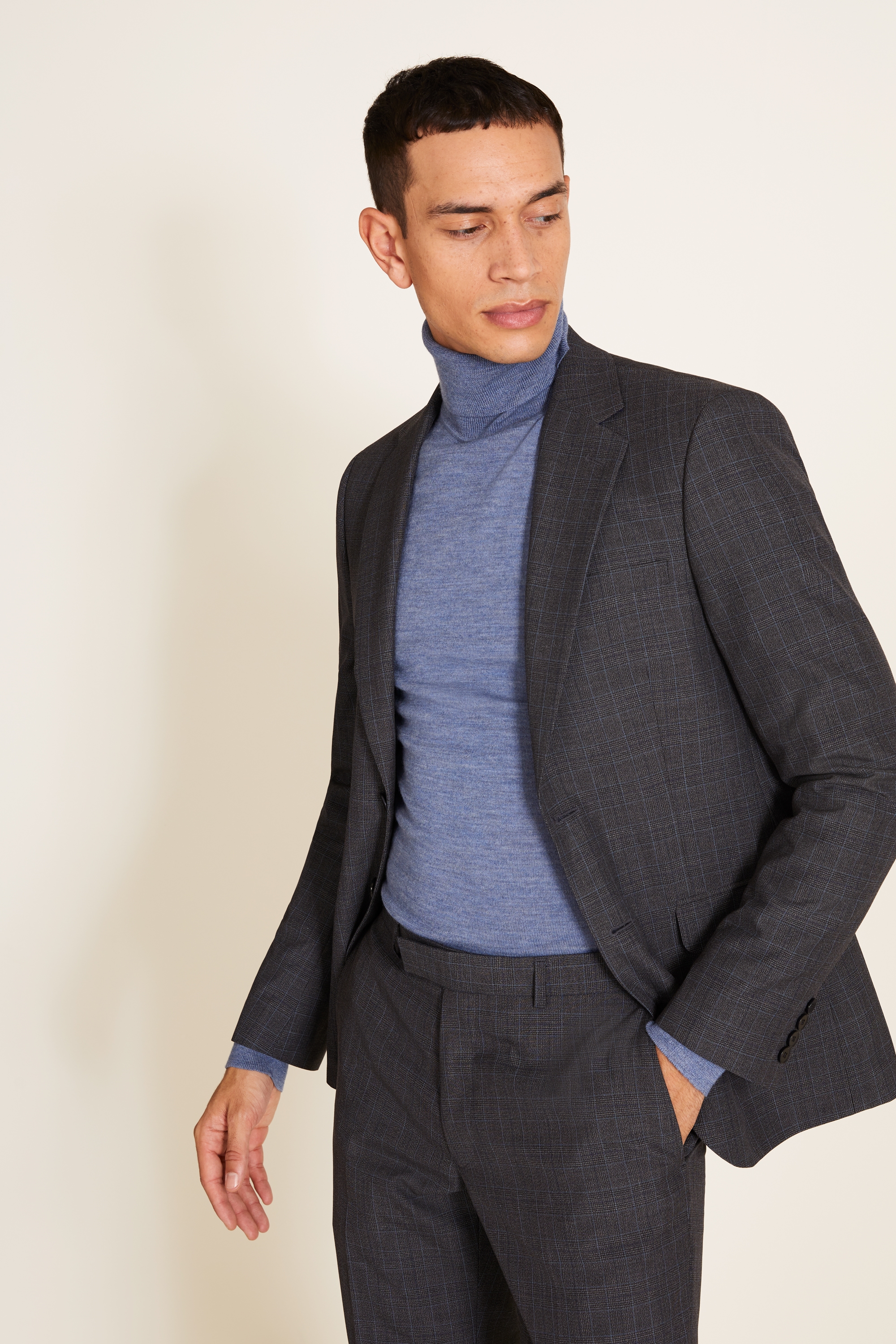 Slim Fit Charcoal & Sky Check Jacket | Buy Online at Moss