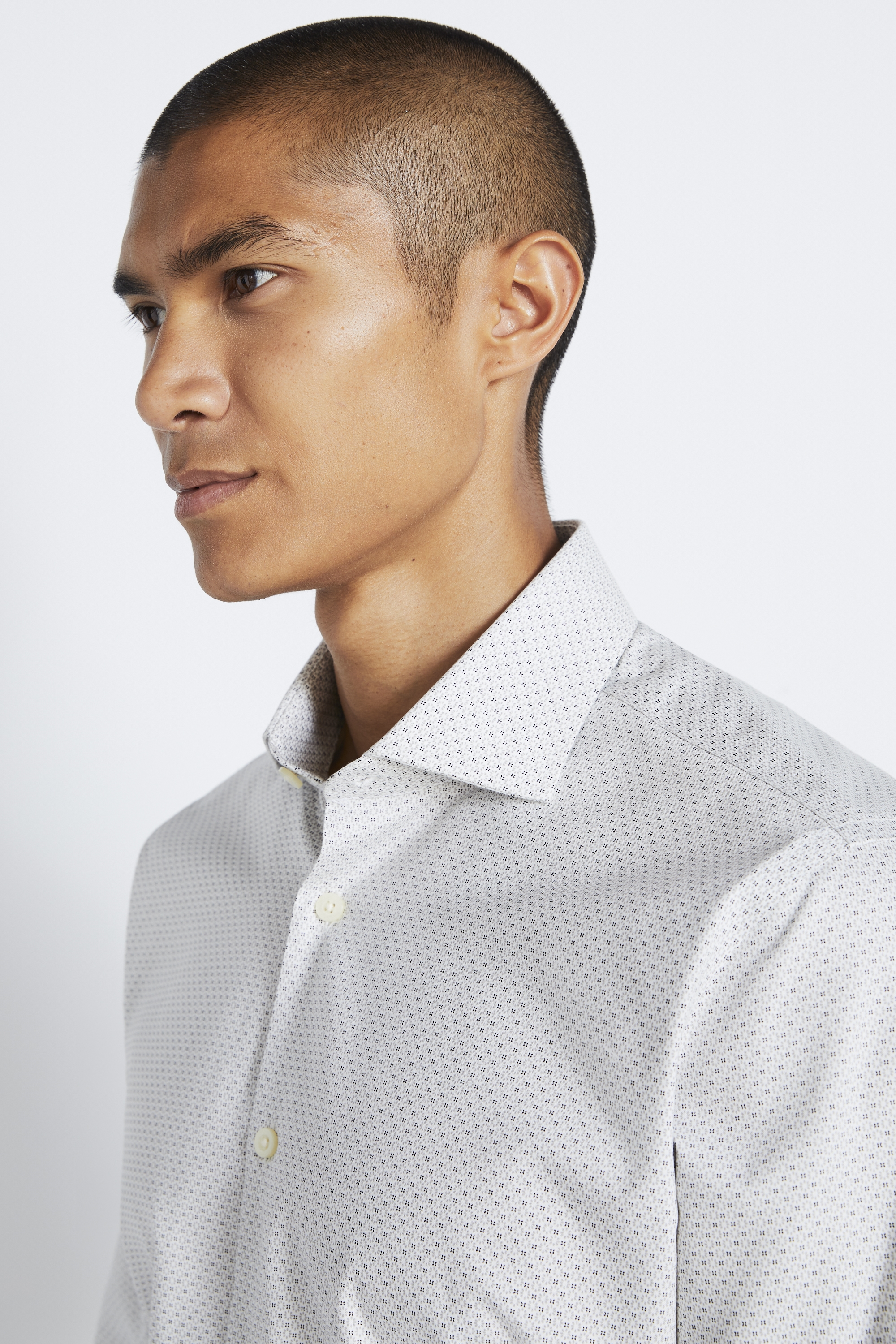 Tailored Fit Grey Single Cuff Printed Zero Iron Shirt