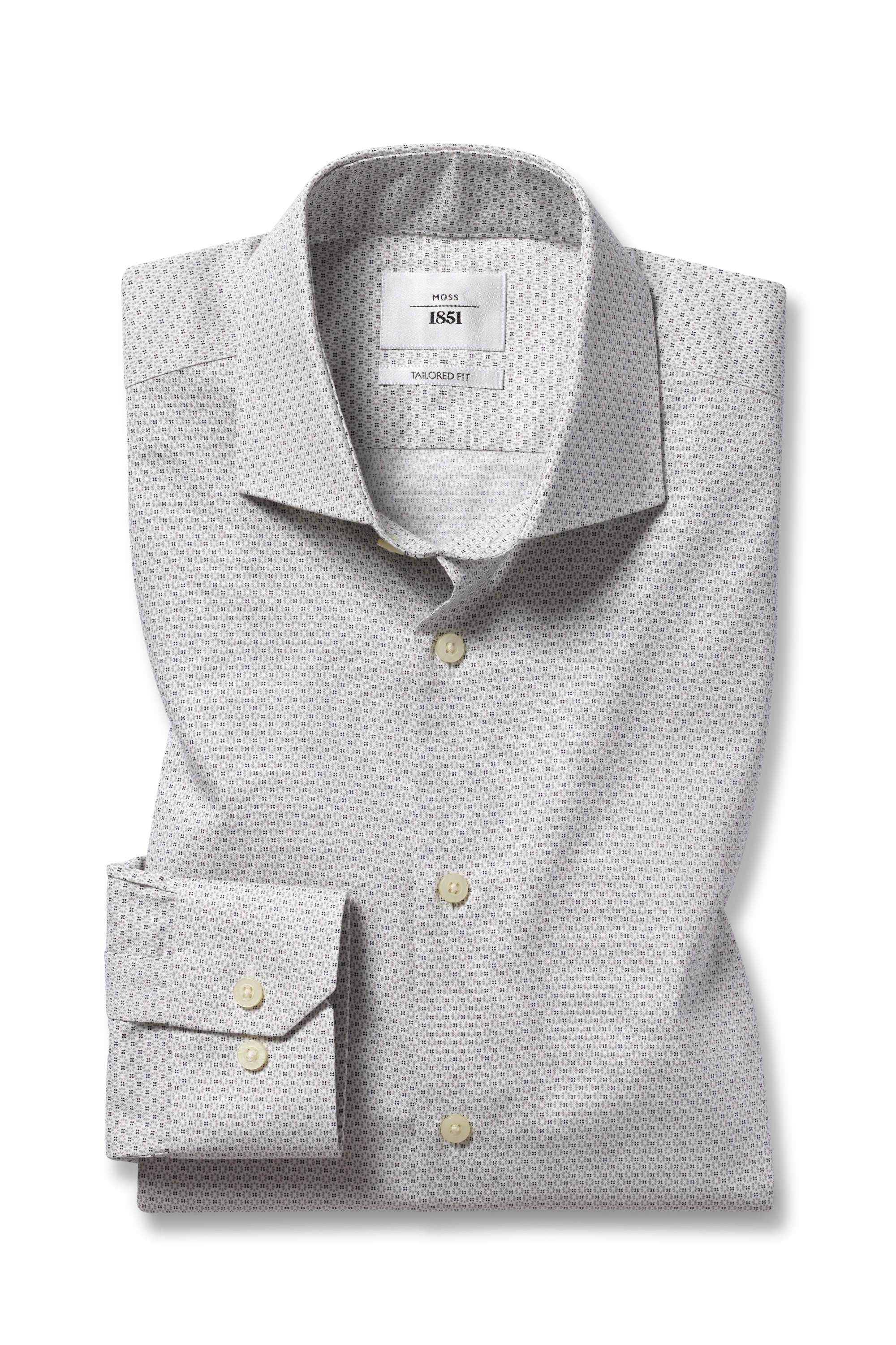Tailored Fit Grey Single Cuff Printed Zero Iron Shirt