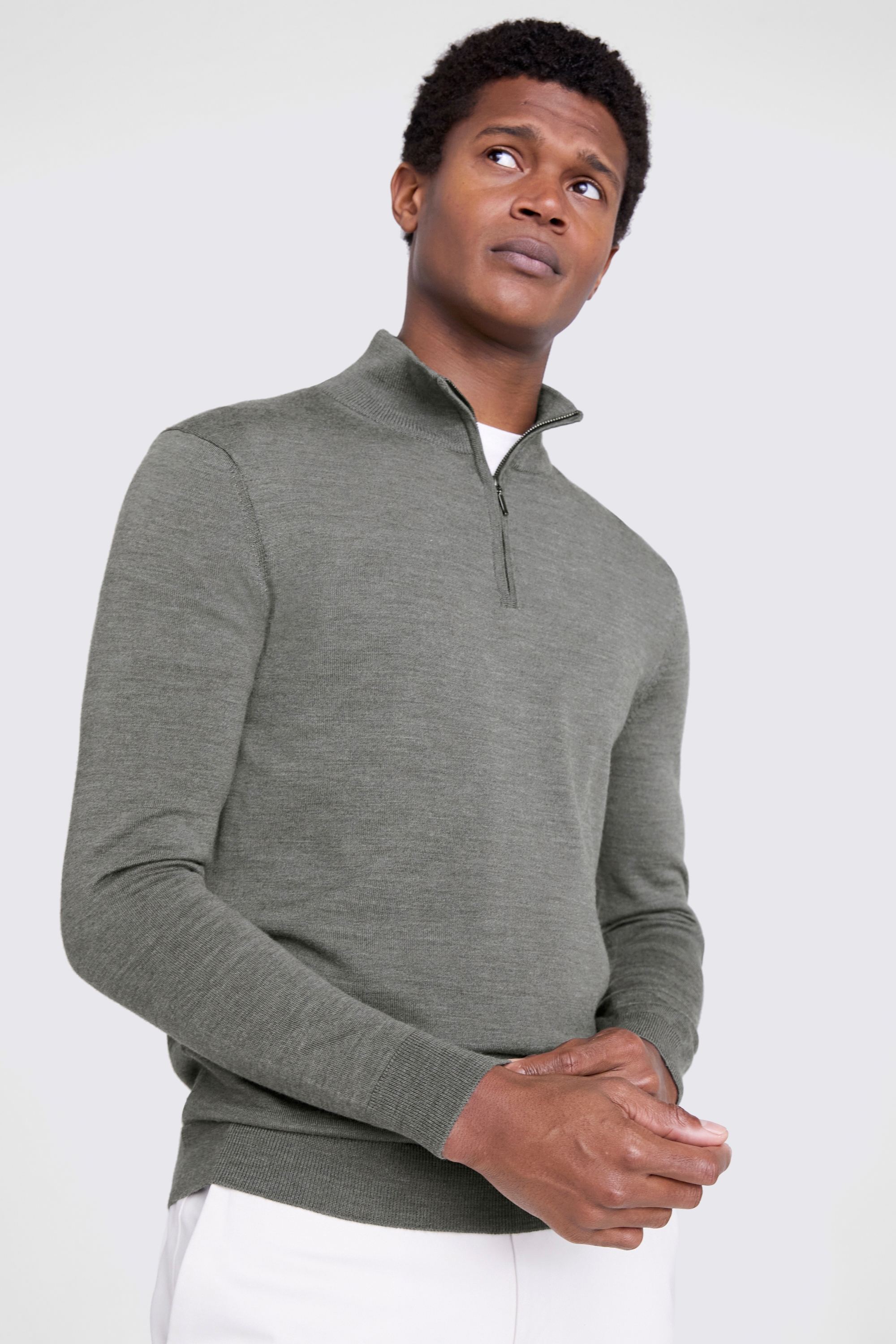 Khaki Merino Zip-Neck Jumper