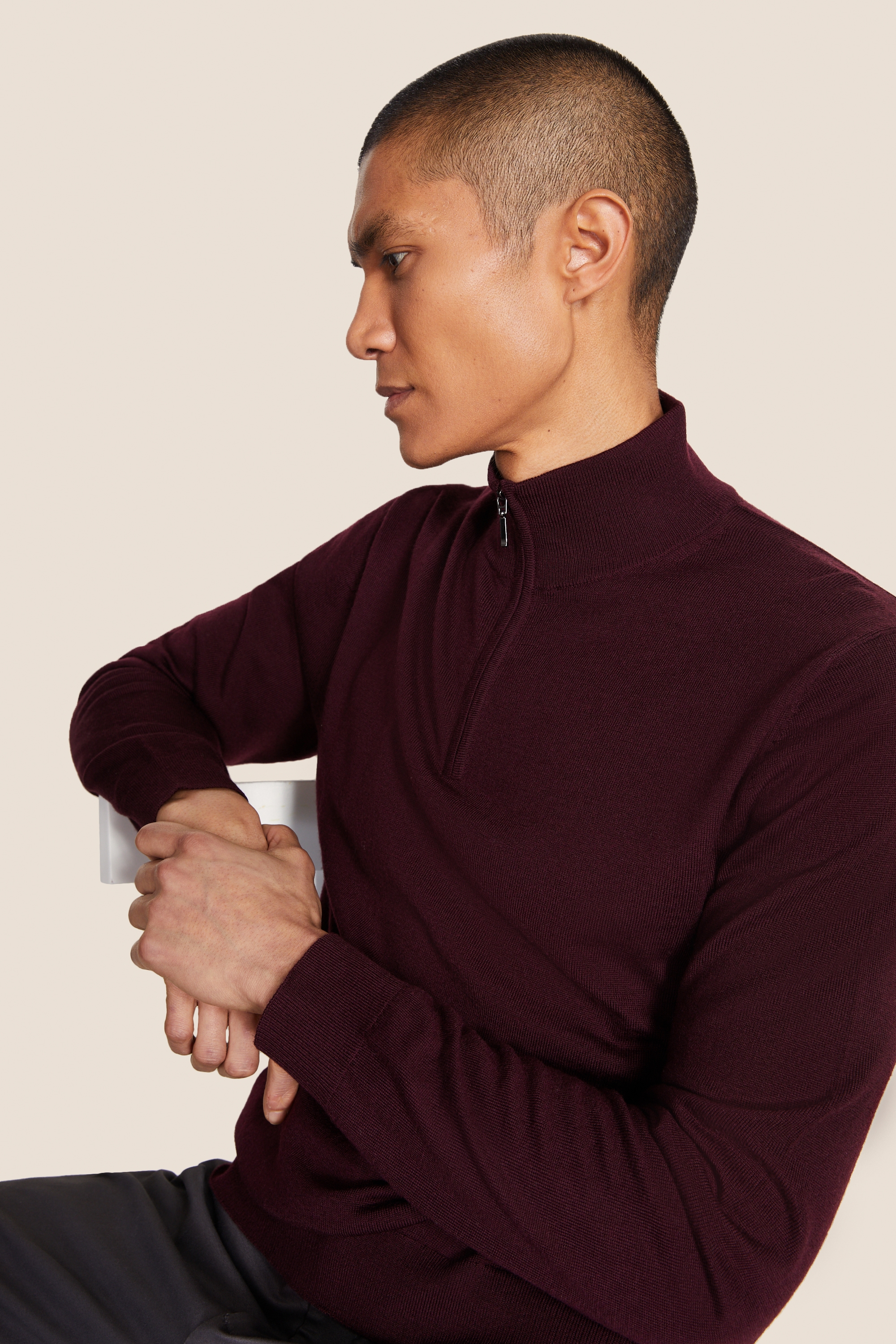 Burgundy Merino Zip-Neck Jumper