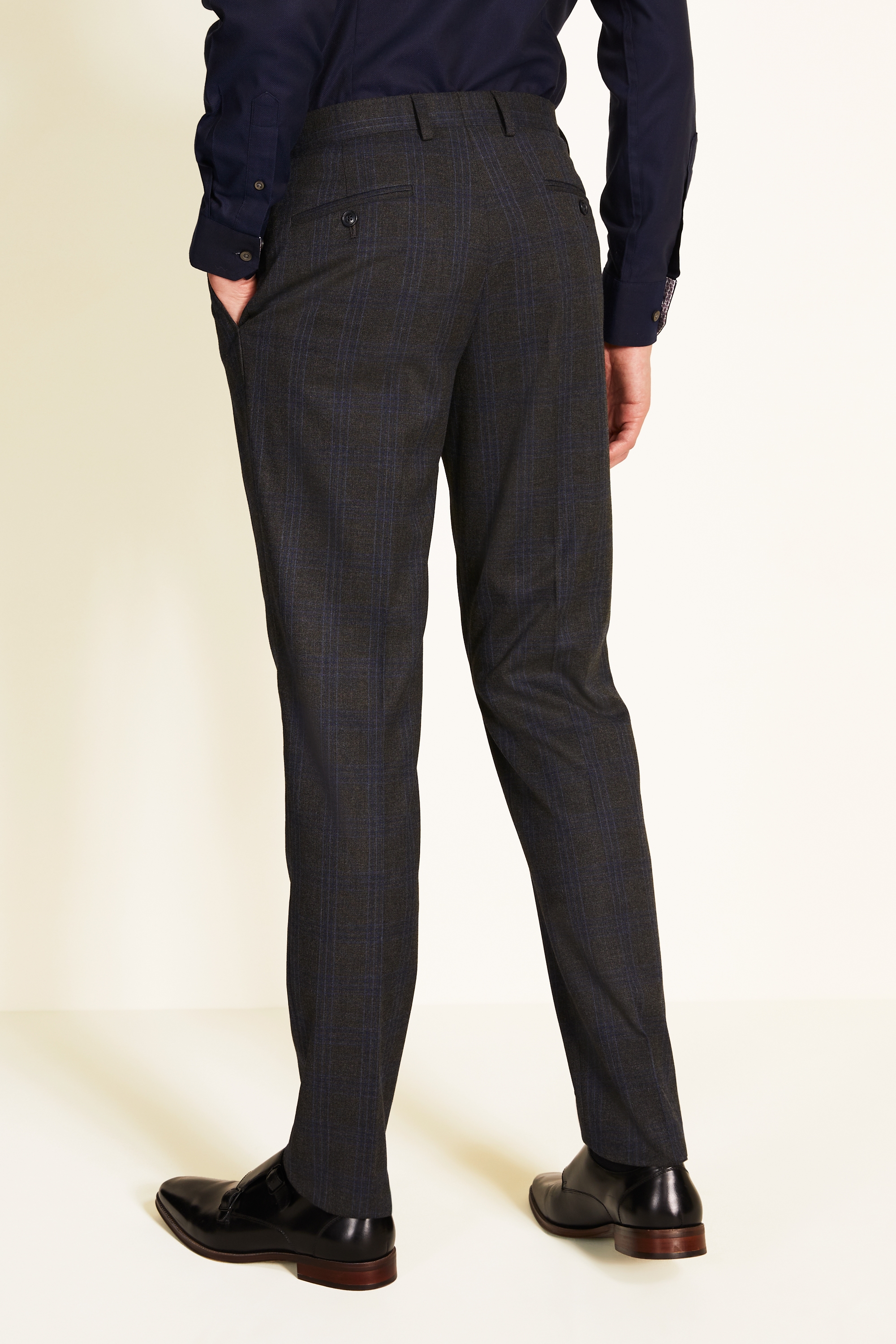 TAILORED FIT GREY BLUE CHECK PANTS