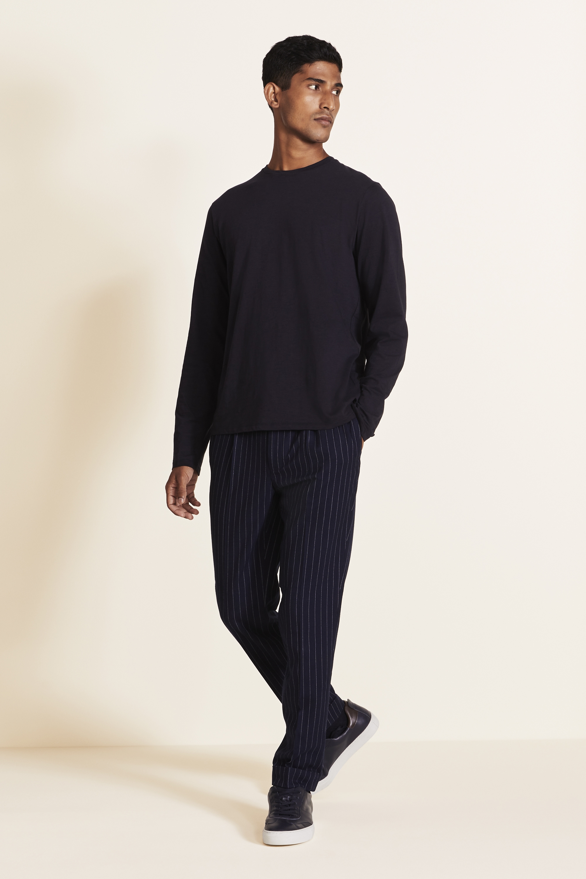 navy striped trousers