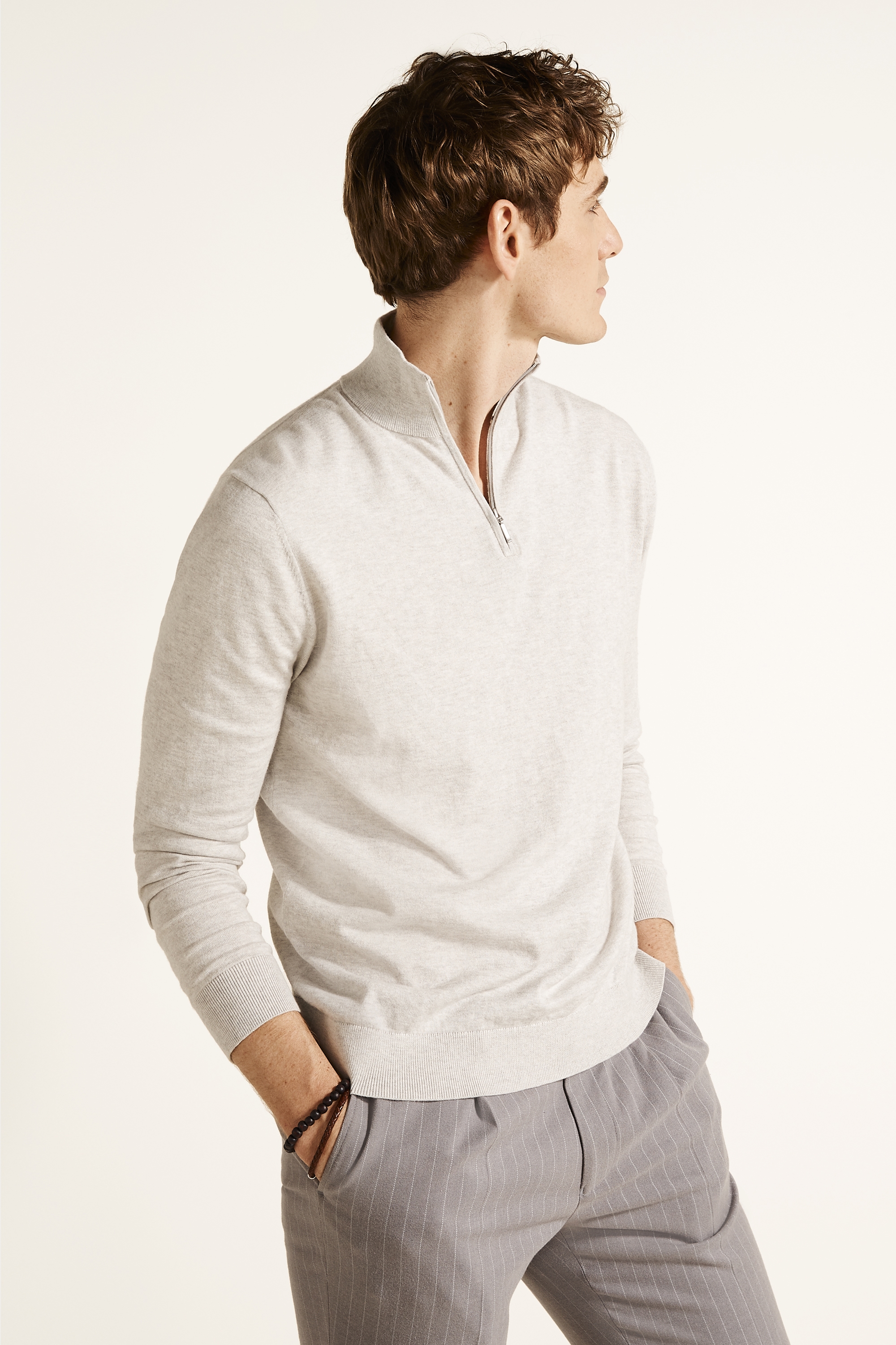 Stone Grey Cotton-Cashmere Zip-Neck Jumper
