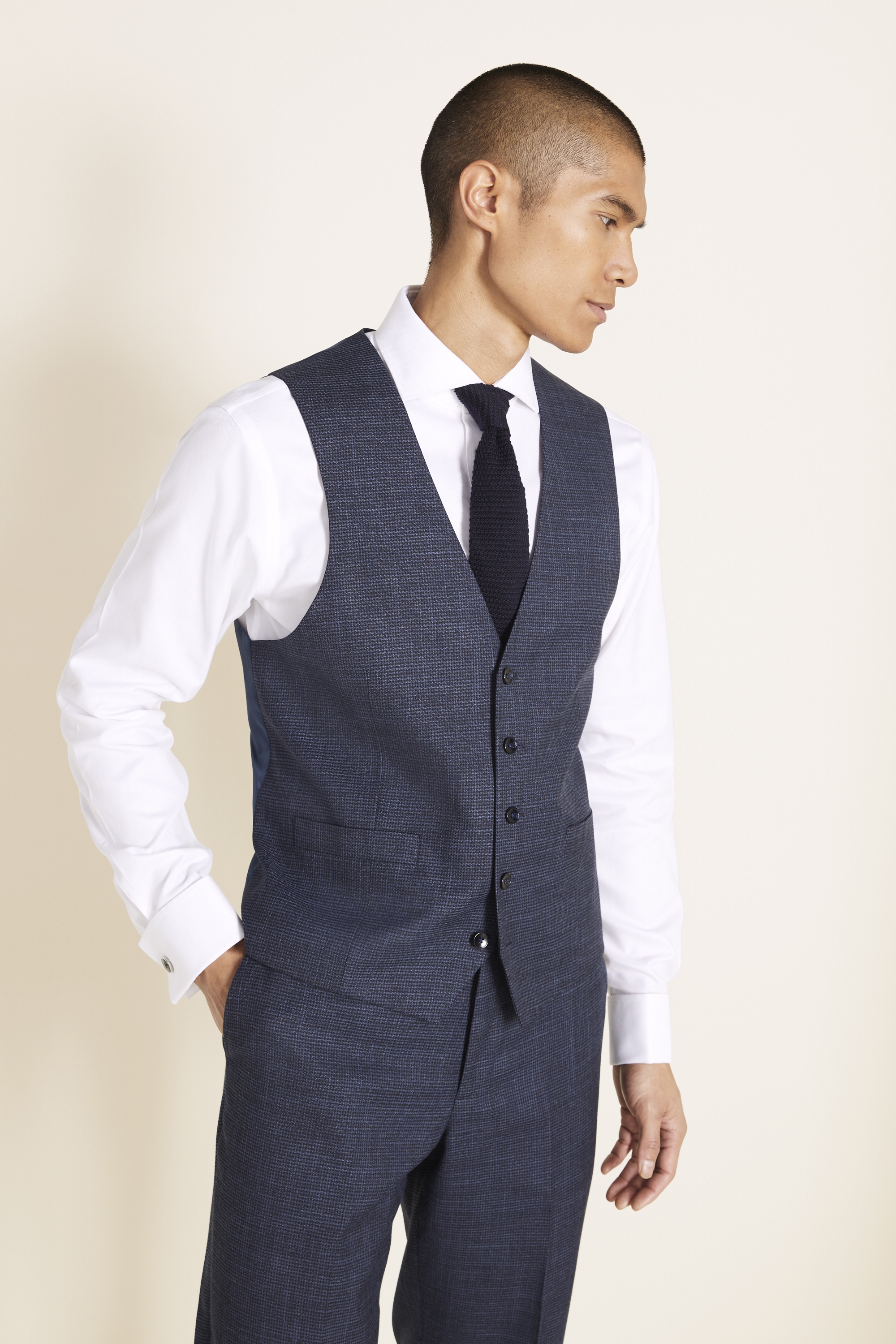 Regular Fit Navy Puppytooth Waistcoat