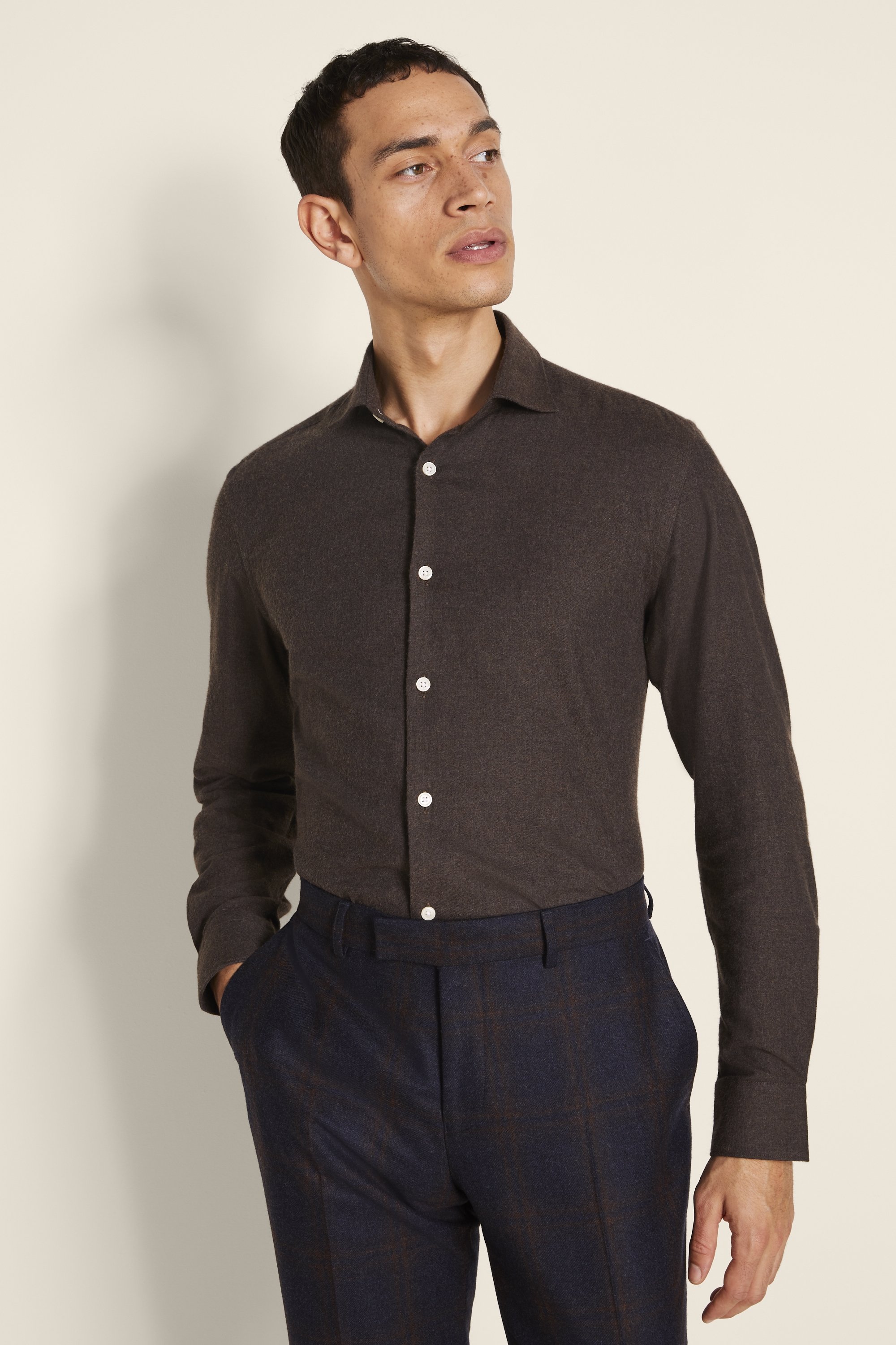 Tailored Fit Brown Brushed Melange Shirt