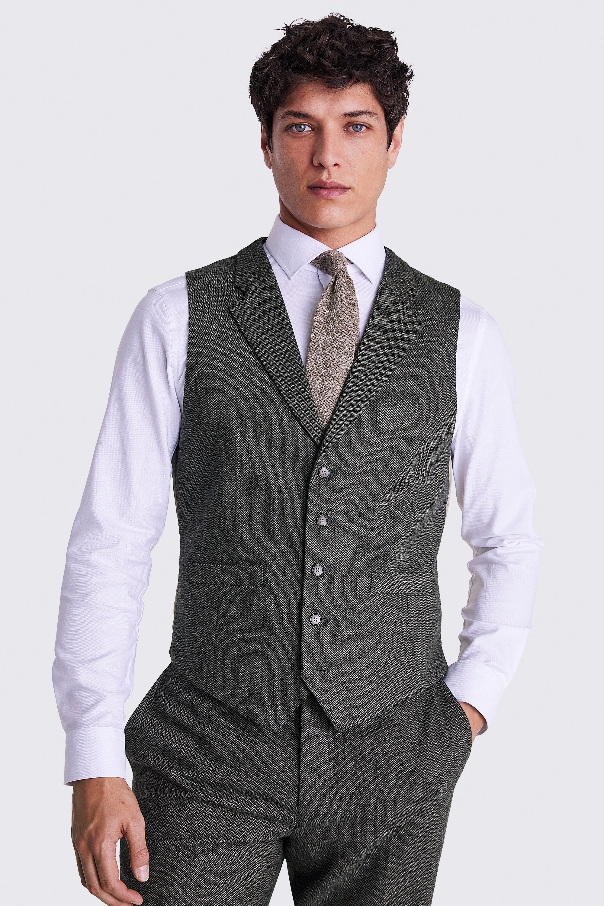 Tailored Fit Olive Herringbone Waistcoat